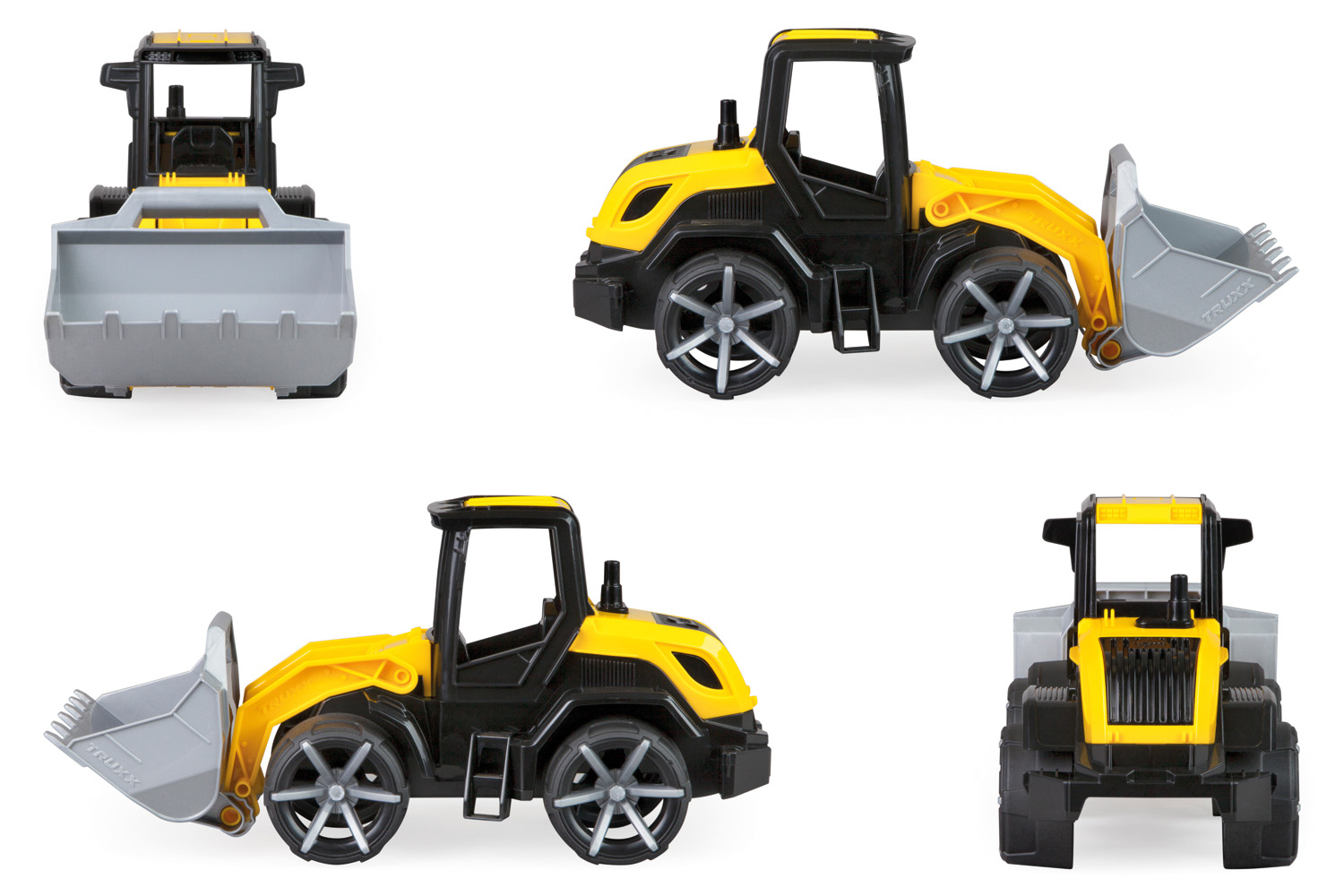 Wiele widoków żółto-czarnego zabawkowego pojazdu budowlanego.