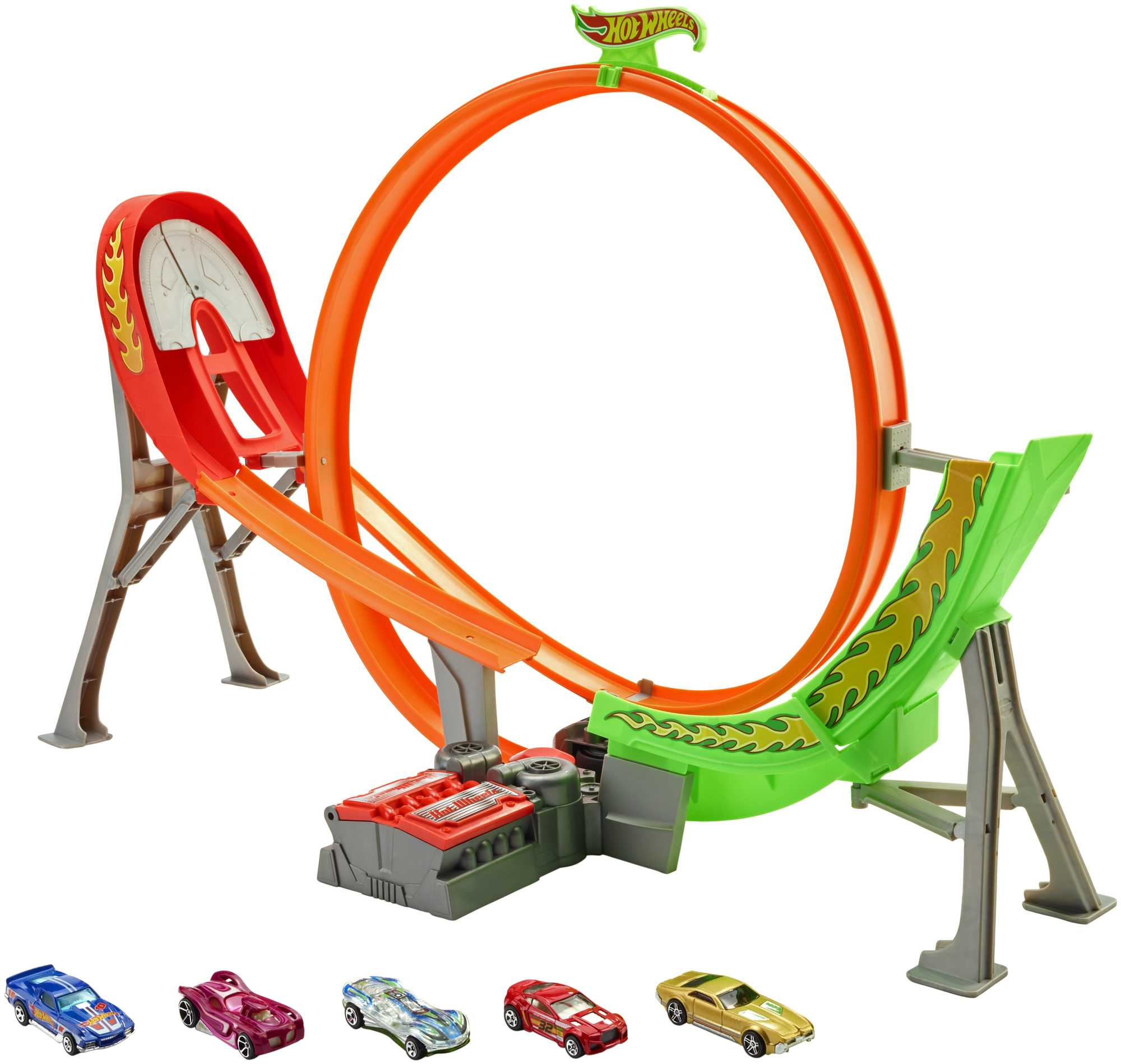 Zestaw torów Hot Wheels z pętlą, czerwonymi rampami i zabawkami samochodowymi.