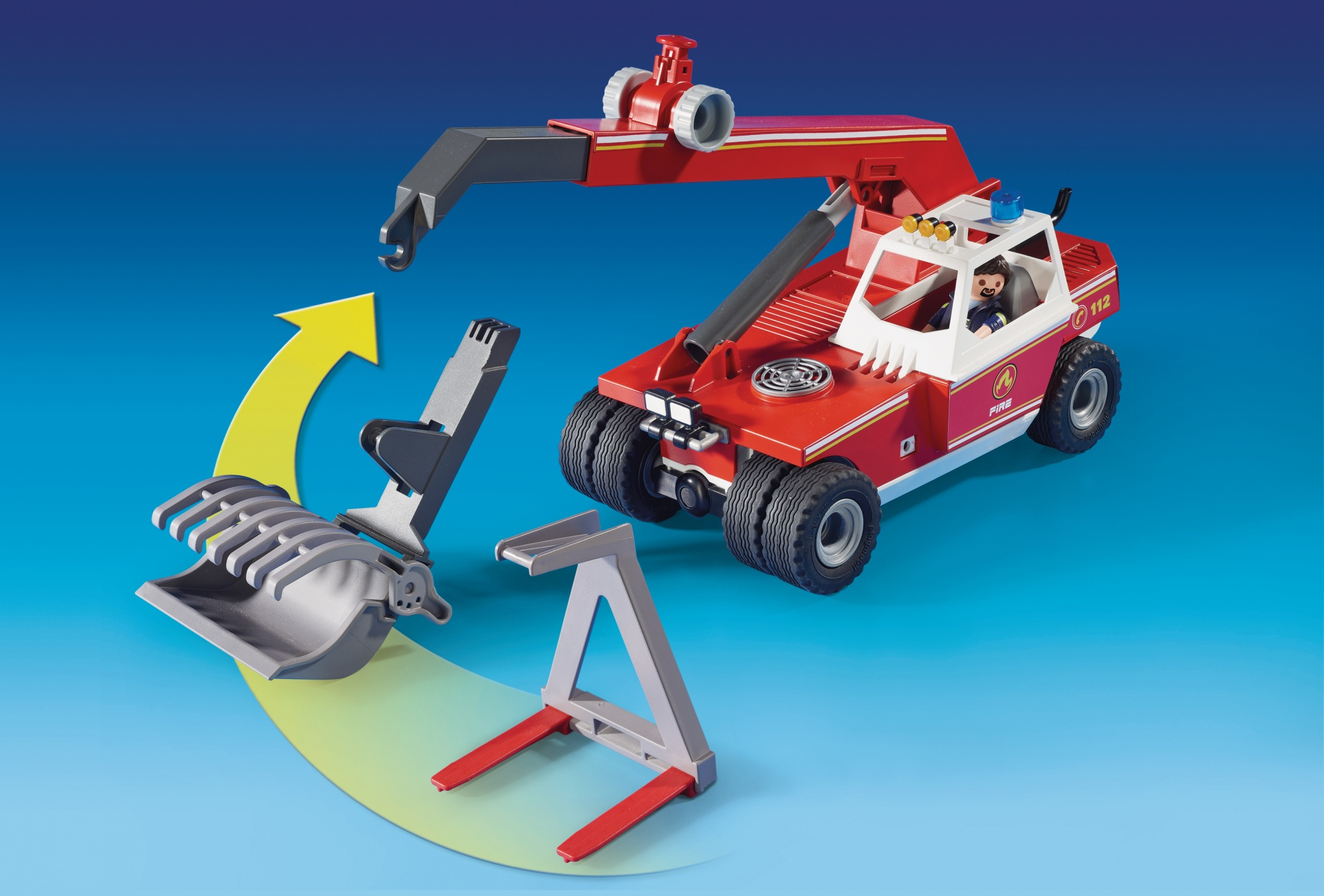 Czerwona i biała zabawka ciężarówka z dźwigiem i wymiennymi przystawkami. Niebieskie tło.