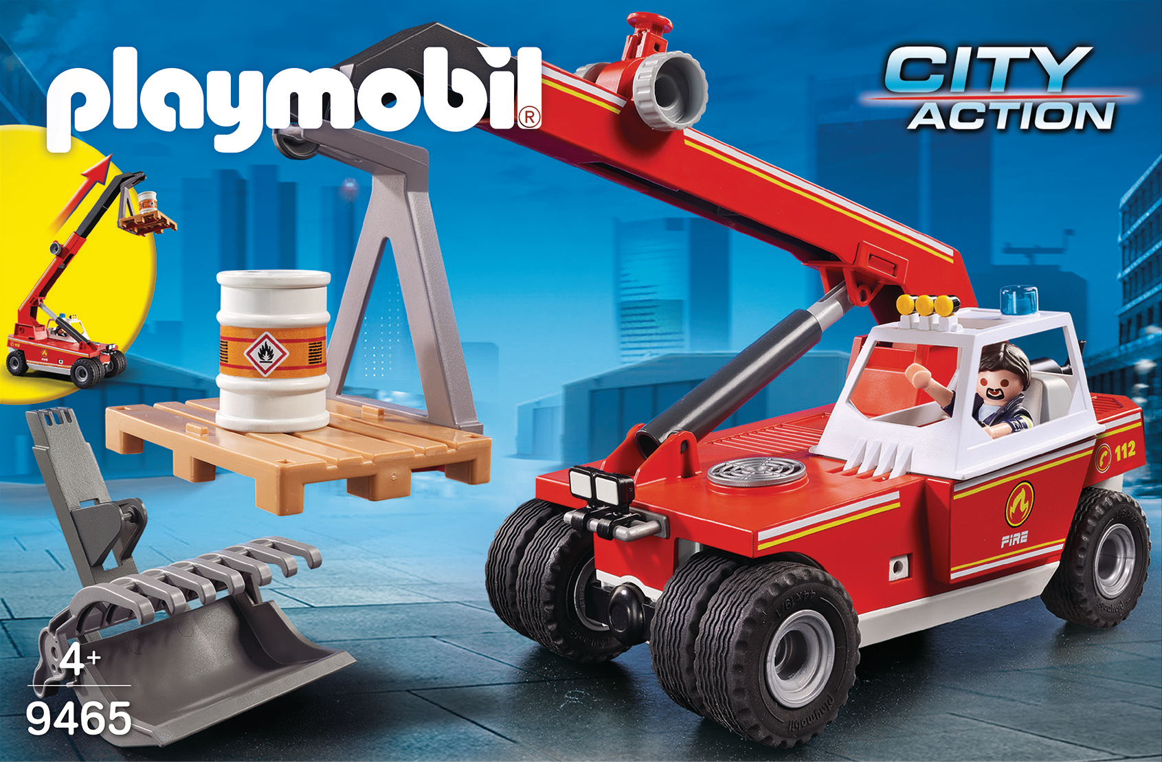 Zestaw zabawek Playmobil. Czerwona ciężarówka z dźwigiem, beczką i akcesoriami. Tło miasta.