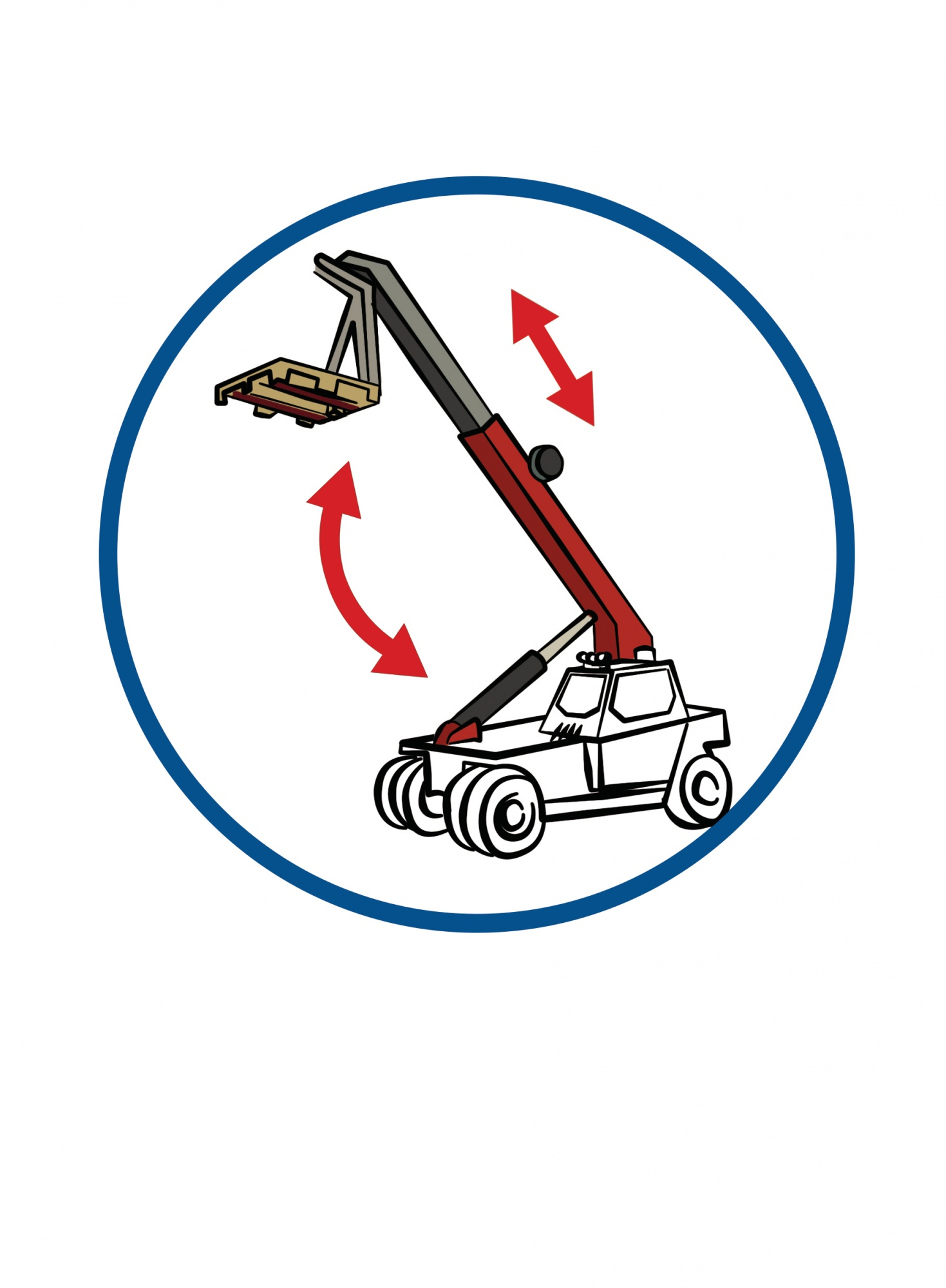 Kreskówkowy wózek widłowy w niebieskim okręgu. Czerwone strzałki wskazują ruch ramienia.