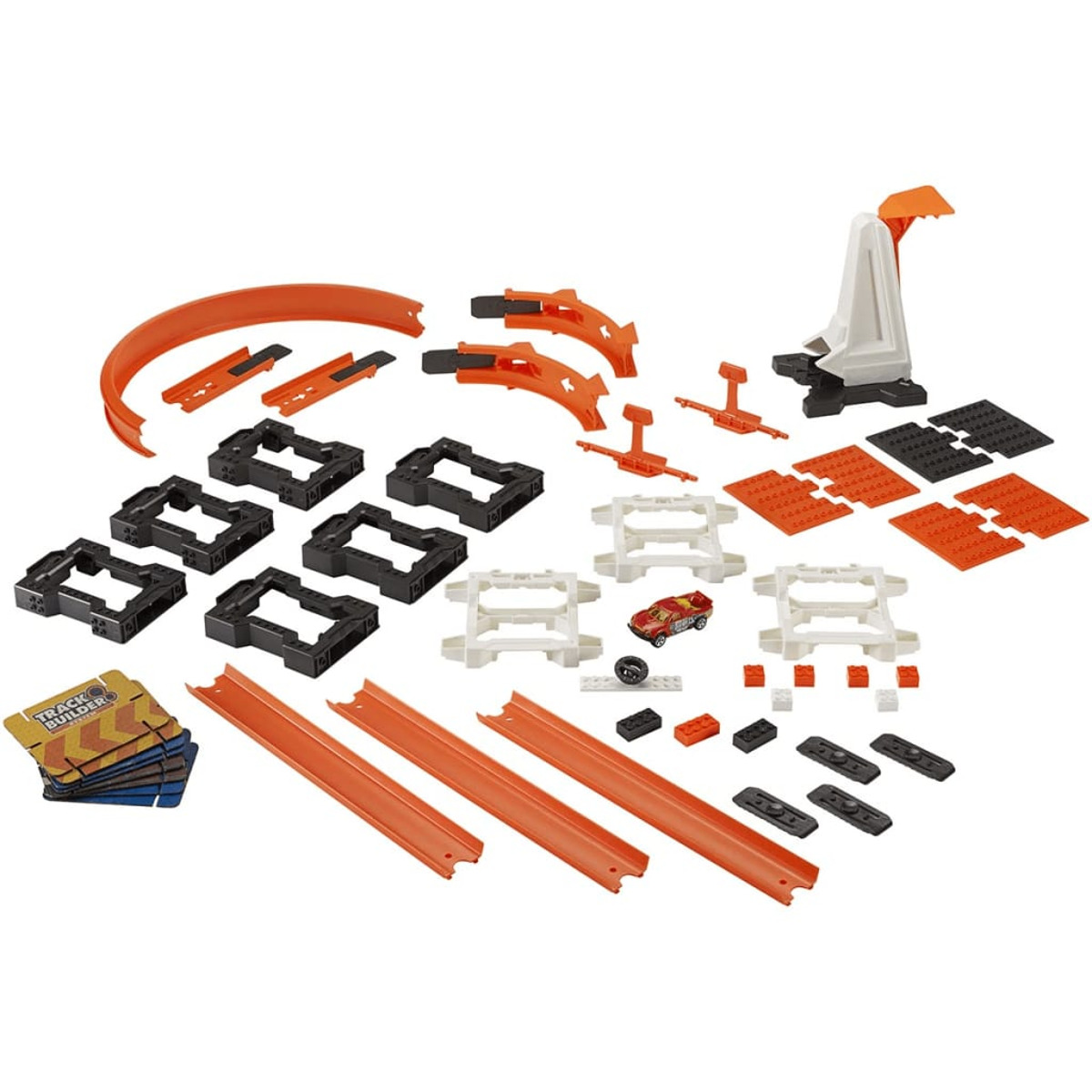 Zestaw toru wyścigowego z pomarańczowymi torami, czarno-białymi podporami i czerwonym samochodem.
