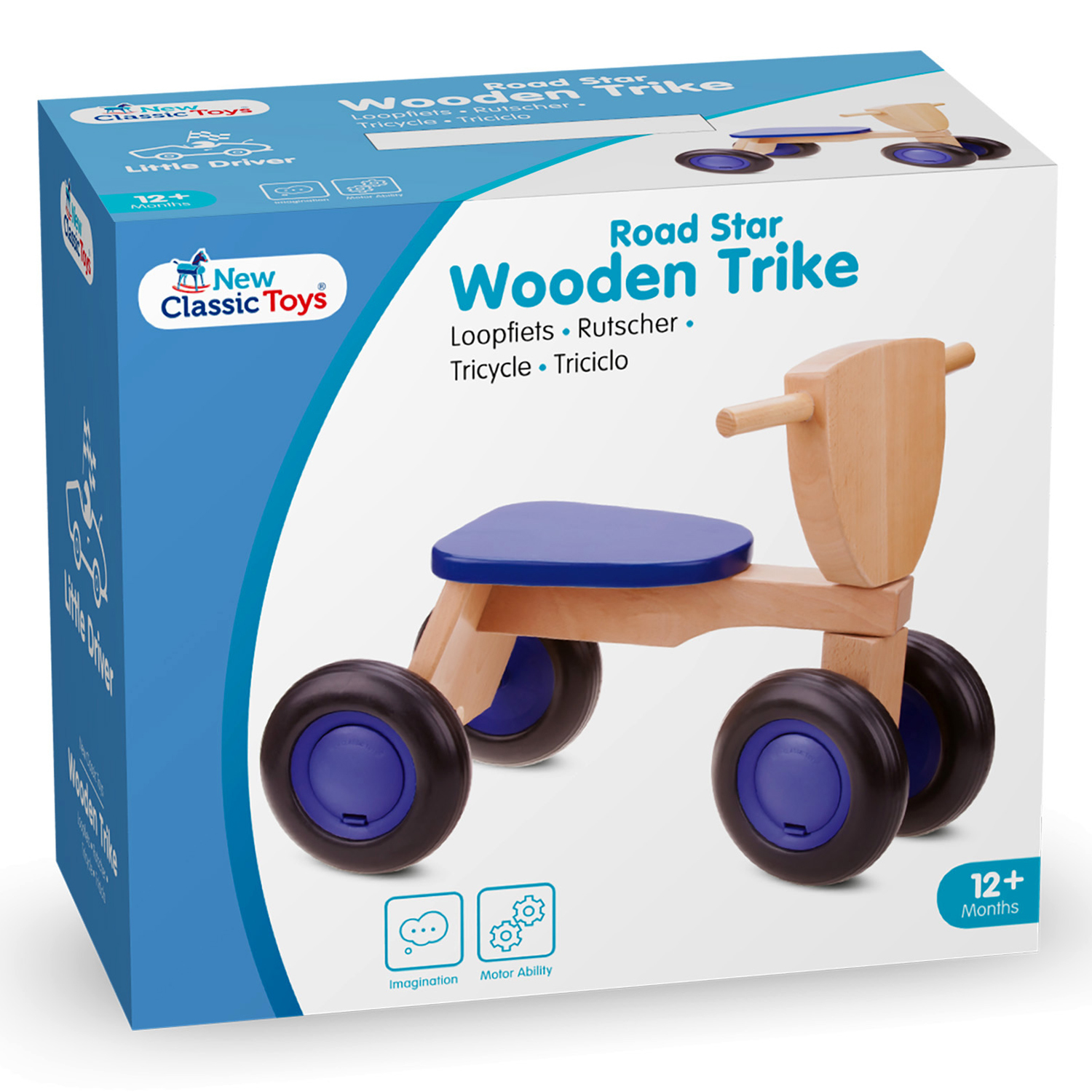 Road Star Dreirad-Spielzeug aus Holz in einer Box. Es ist ein Dreirad mit blauem Sitz und schwarzen Rädern.