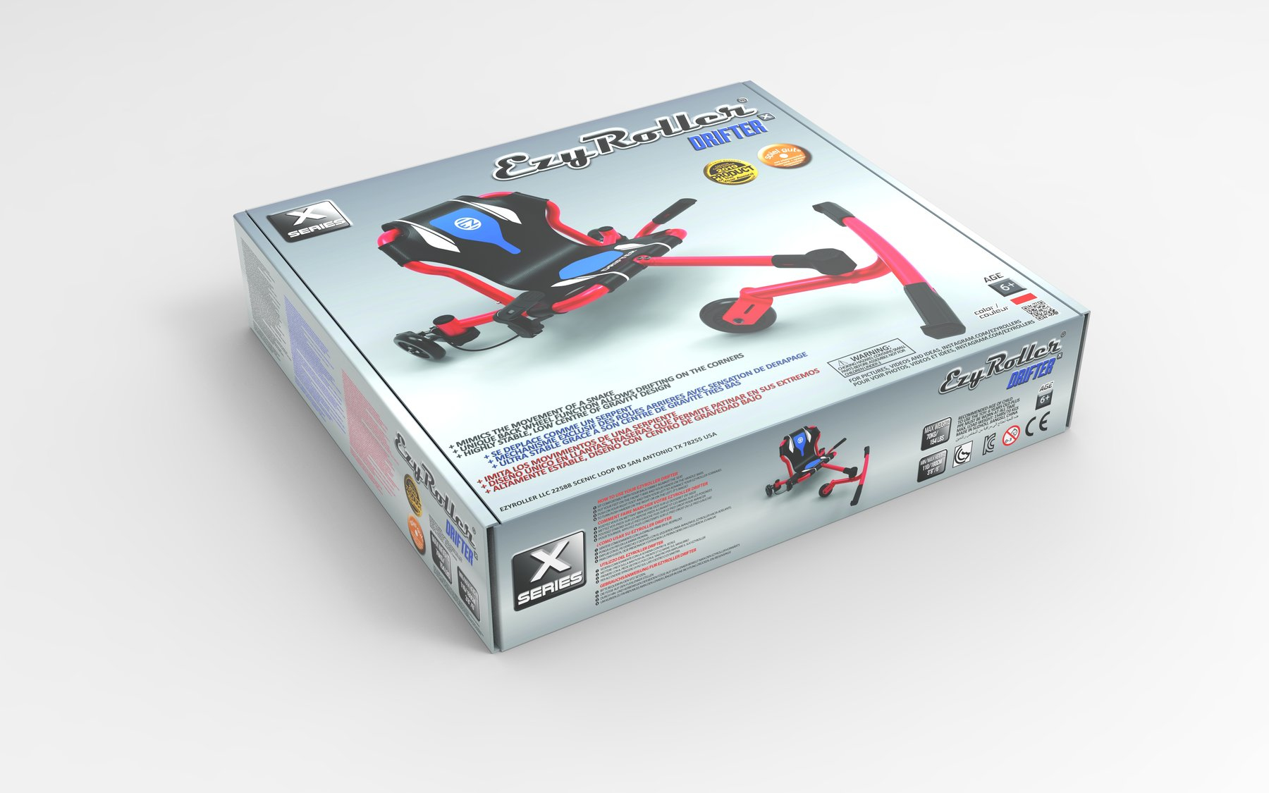 Confezione della scatola dei giocattoli. Mostra l'EzyRoller Drifter, con un design nero e rosso.