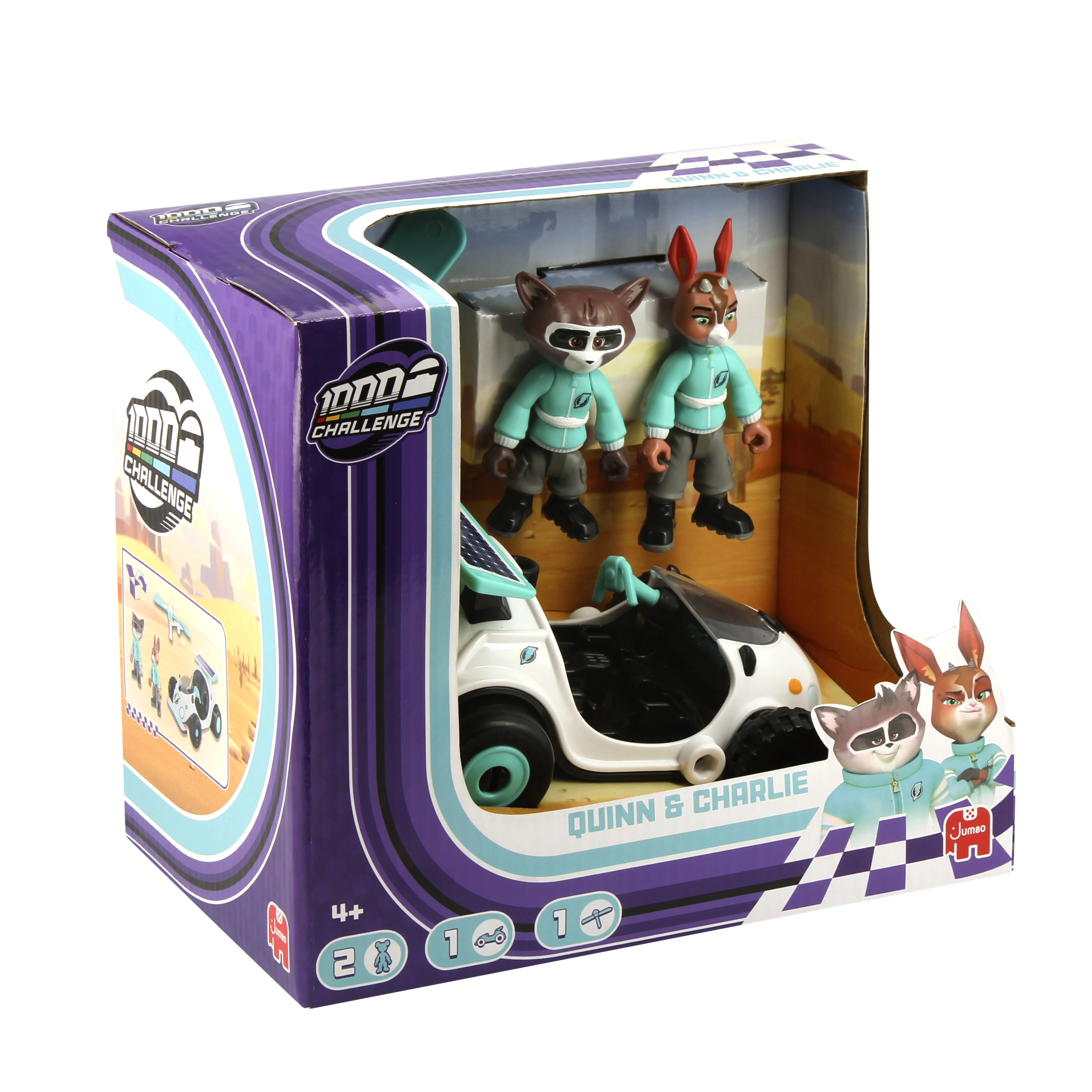 Zestaw zabawek w pudełku, z dwiema figurkami zwierząt i białym samochodem na wzorze toru.