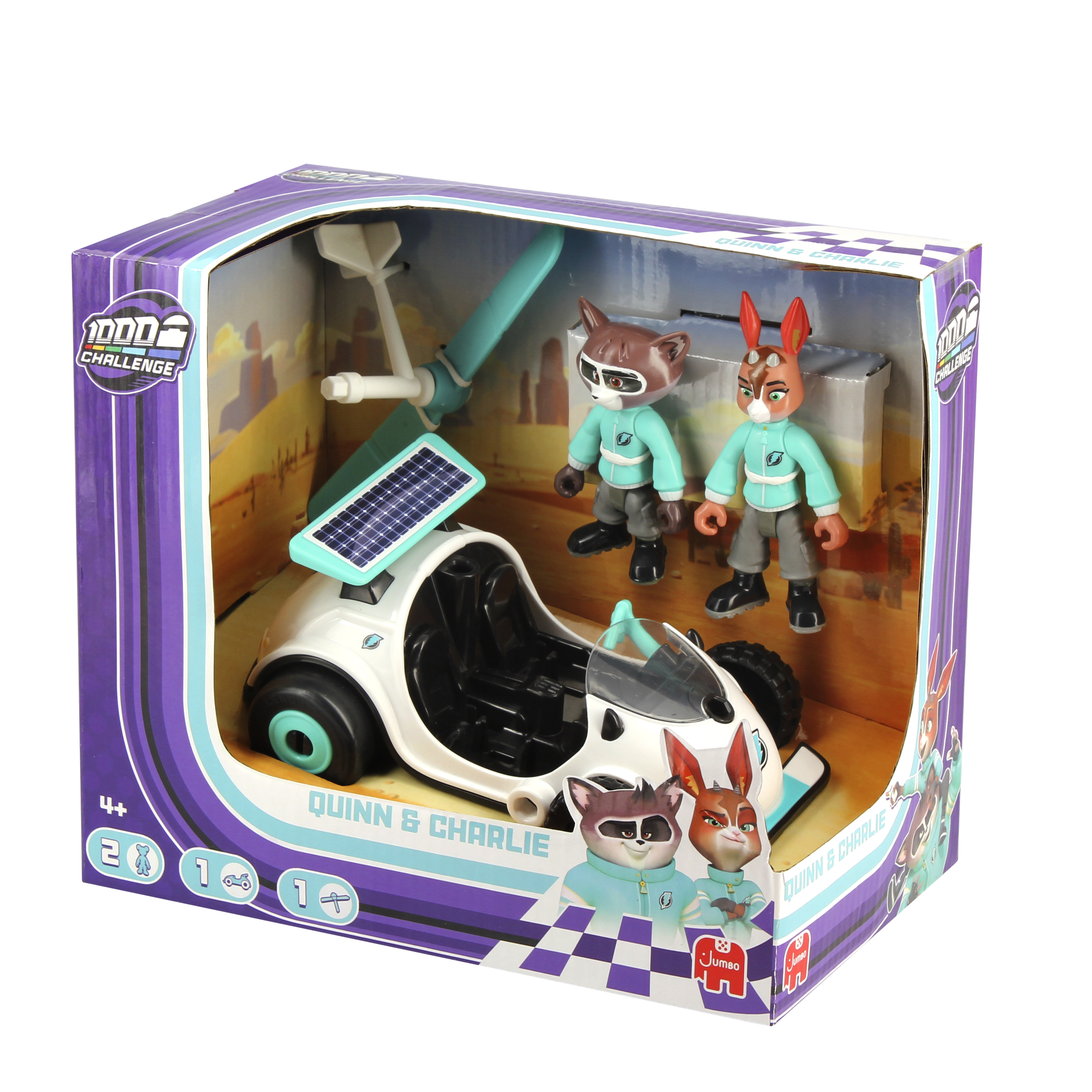 Zestaw zabawek z dwiema figurkami zwierząt i białym samochodem z torem w pudełku.