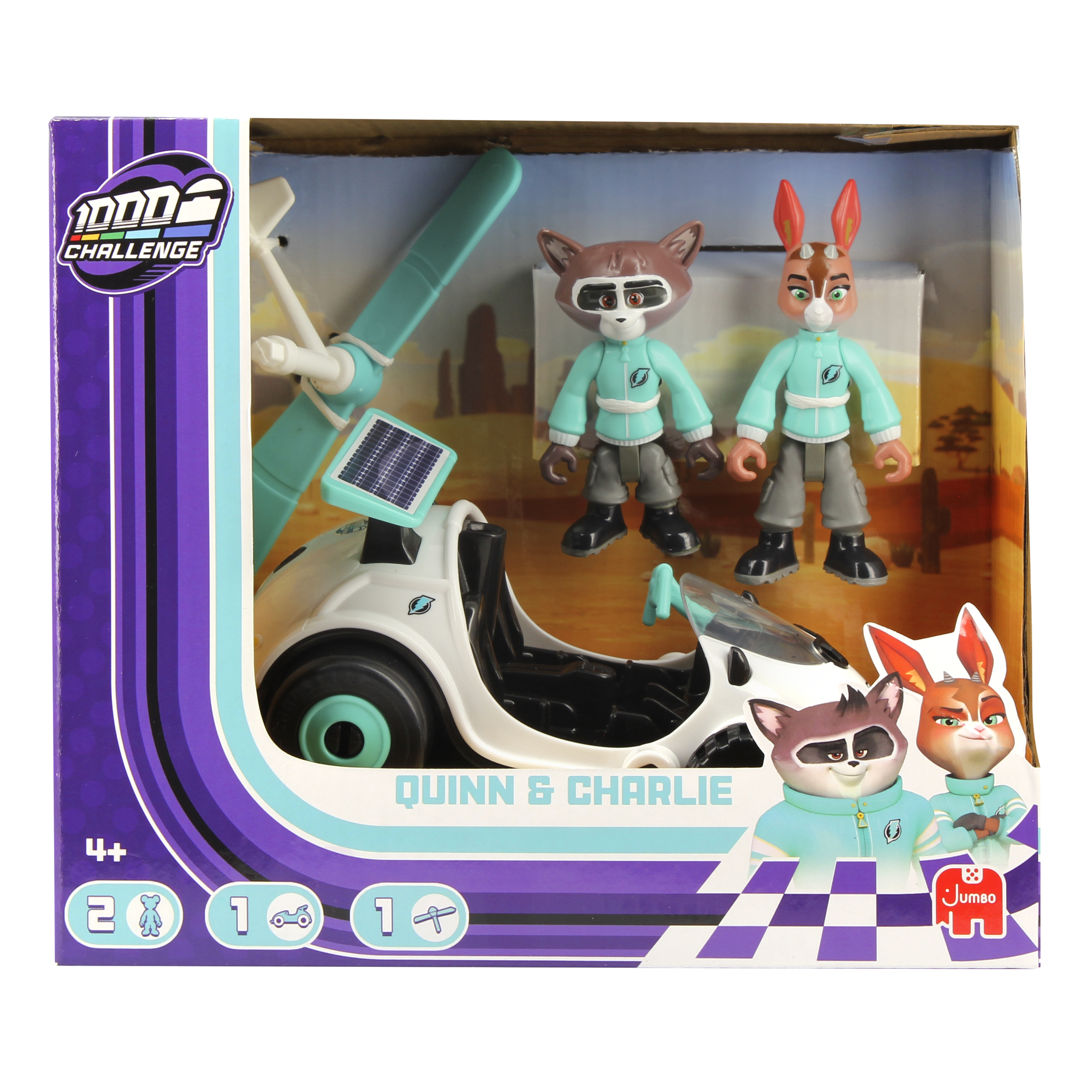 Zestaw zabawek z dwiema figurkami i białym samochodem w pudełku z torem.