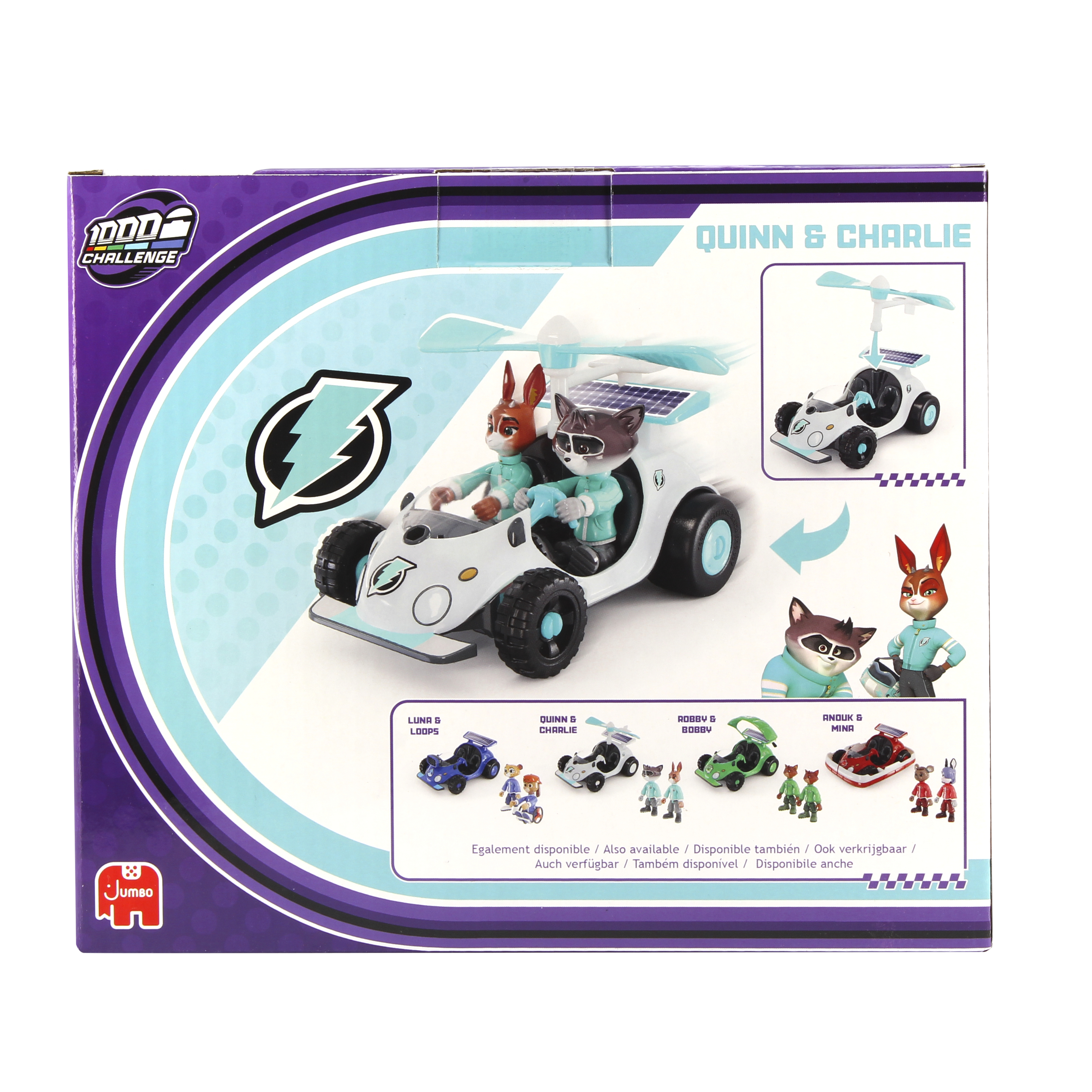 Pudełko z zabawkami Quinn i Charlie. Zawiera zdjęcia samochodów i postaci z dodatkowymi samochodami.