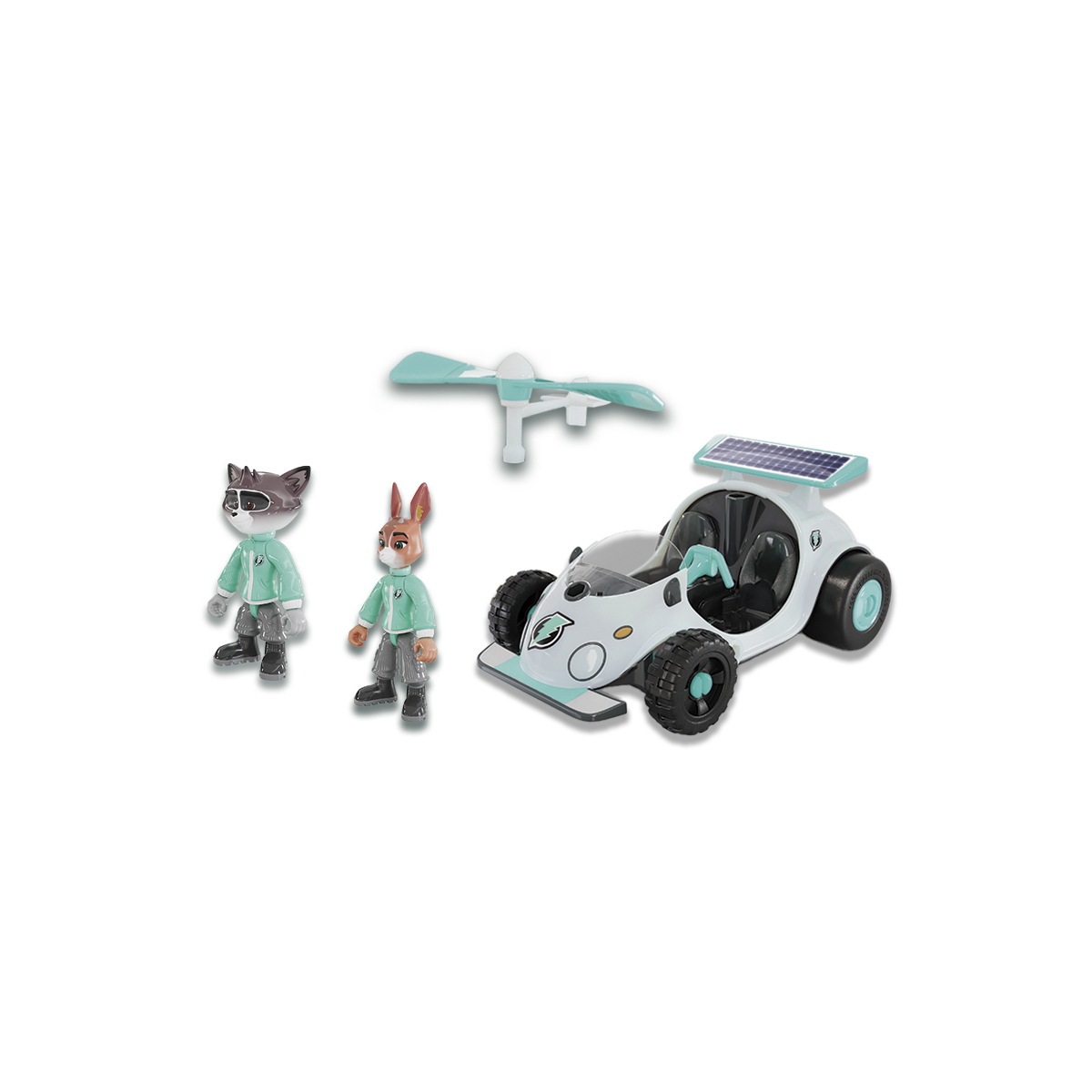 Zabawkowy samochód z dwiema figurkami zwierząt i śmigłem. Samochód jest biały i turkusowy. Figurki mają turkusowe stroje.