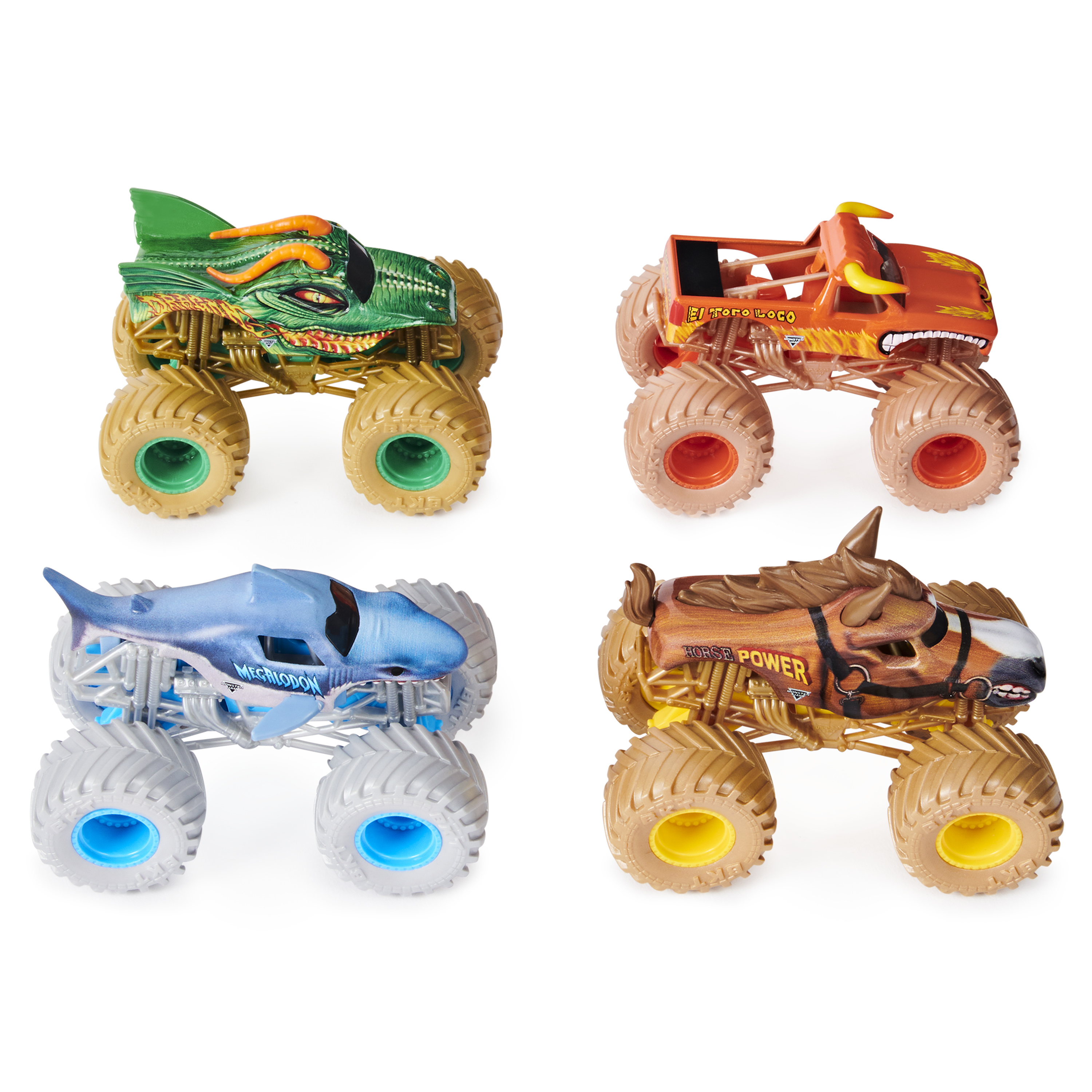 Cuatro juguetes de monster truck con diferentes diseños y colores sobre fondo blanco.