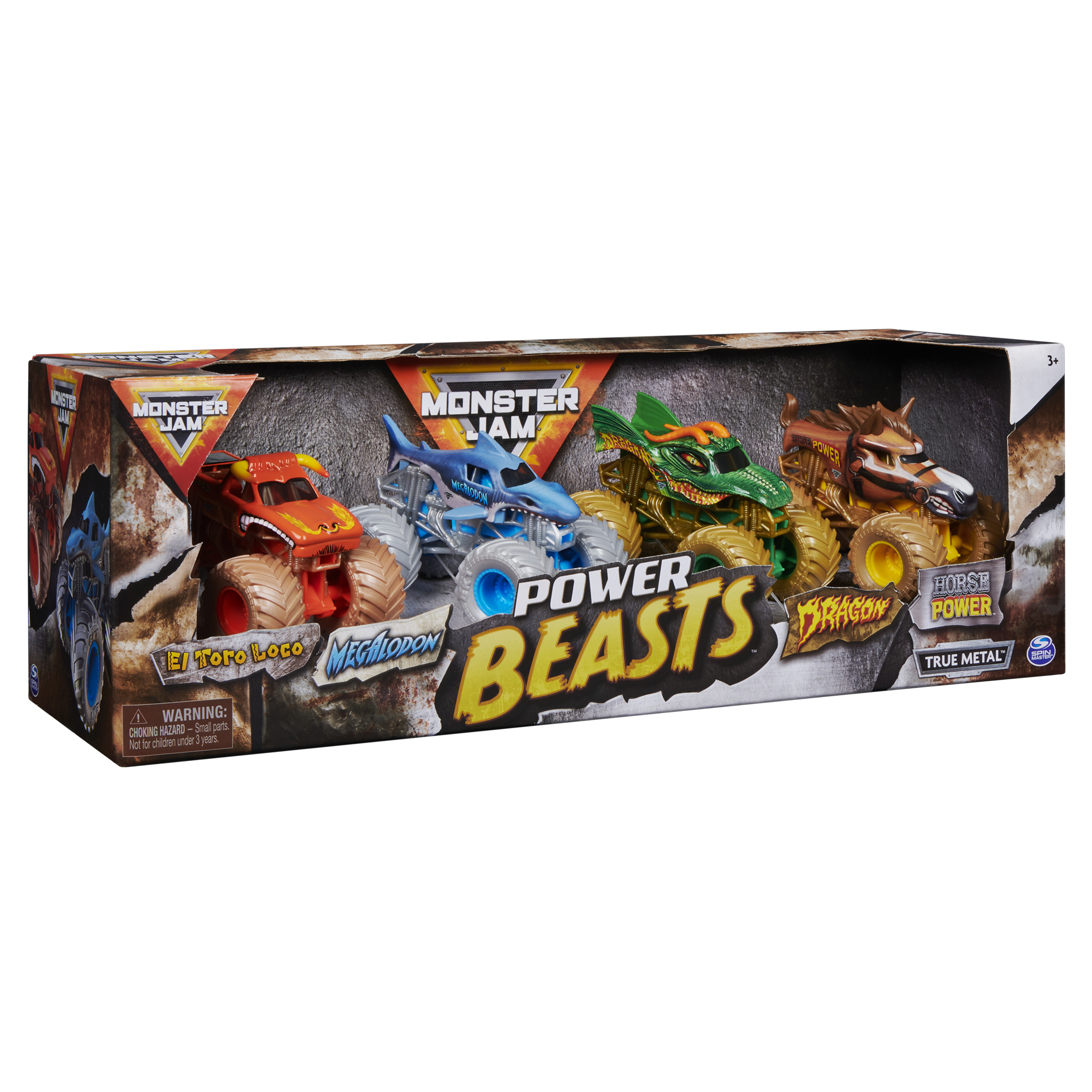 Juego de cajas de camiones monstruo de juguete. Incluye camiones rojos, azules, verdes y marrones con logotipos de camiones monstruo.