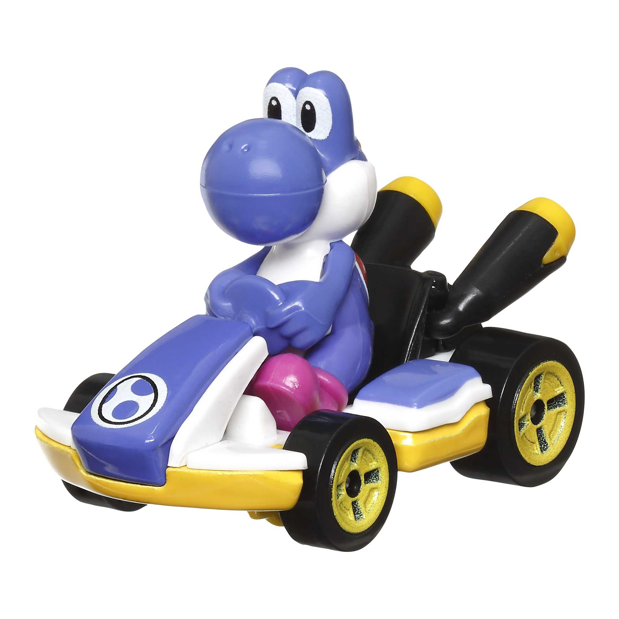 Niebieski Yoshi w zabawce kartingowej. Karting jest niebieski, biały i żółty. Jest to model odlewany Hot Wheels.