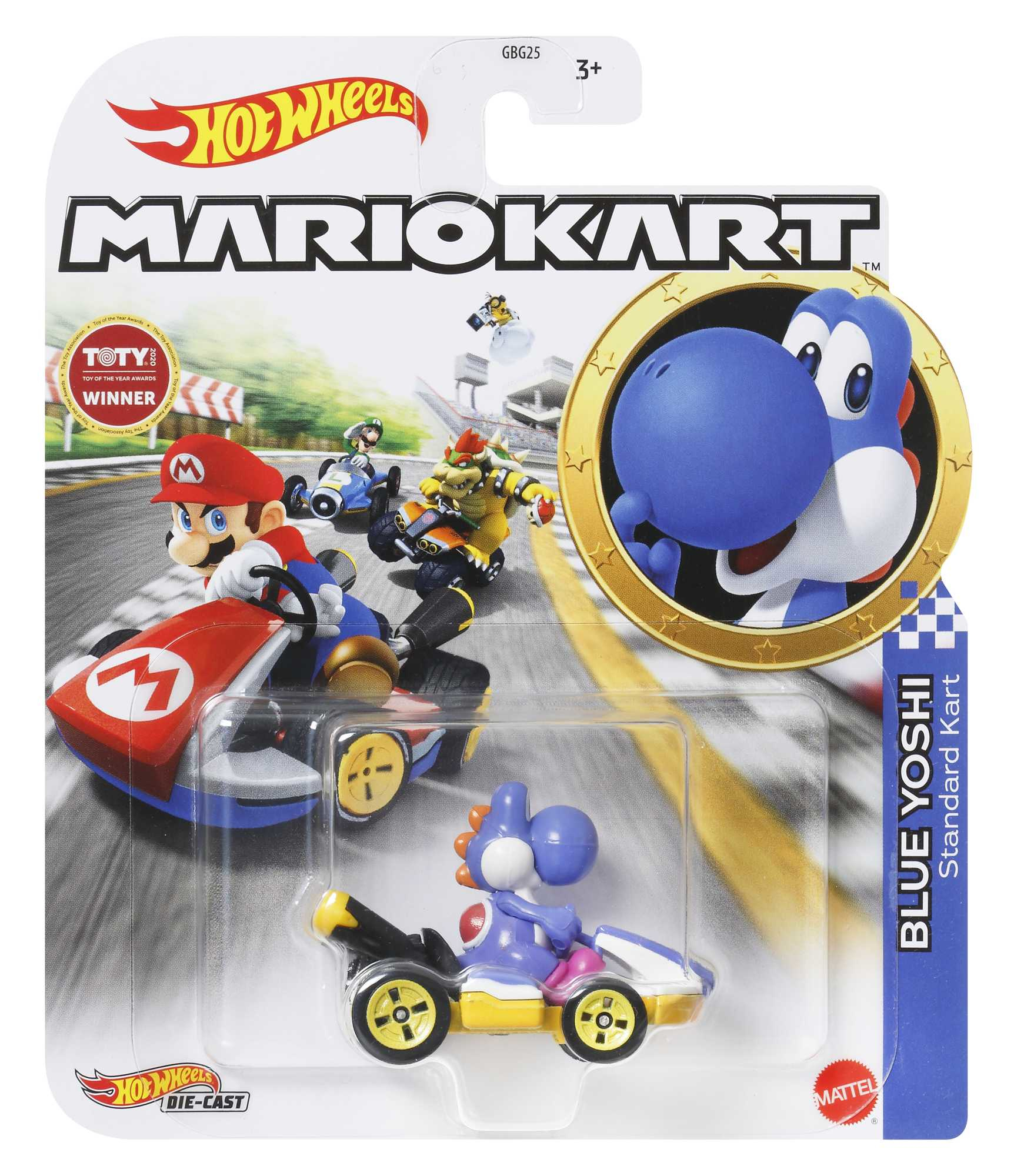 Zabawka Hot Wheels Mario Kart z Blue Yoshi w kartingu. Opakowanie przedstawia zawodników i obraz Yoshi.