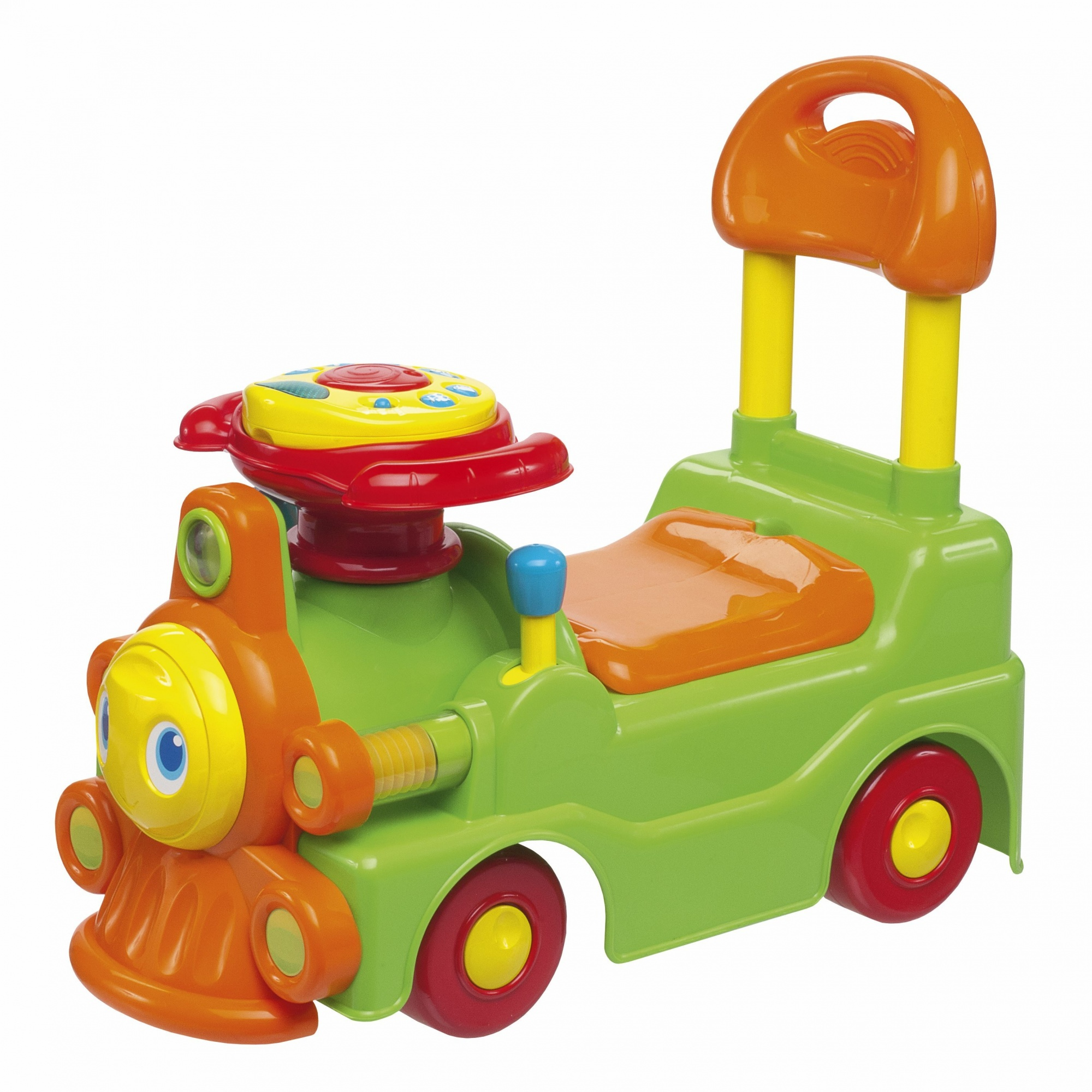 Grüner Spielzeugzug mit einem lächelnden Gesicht. Orange und gelbe Details. Griff auf der Rückseite.
