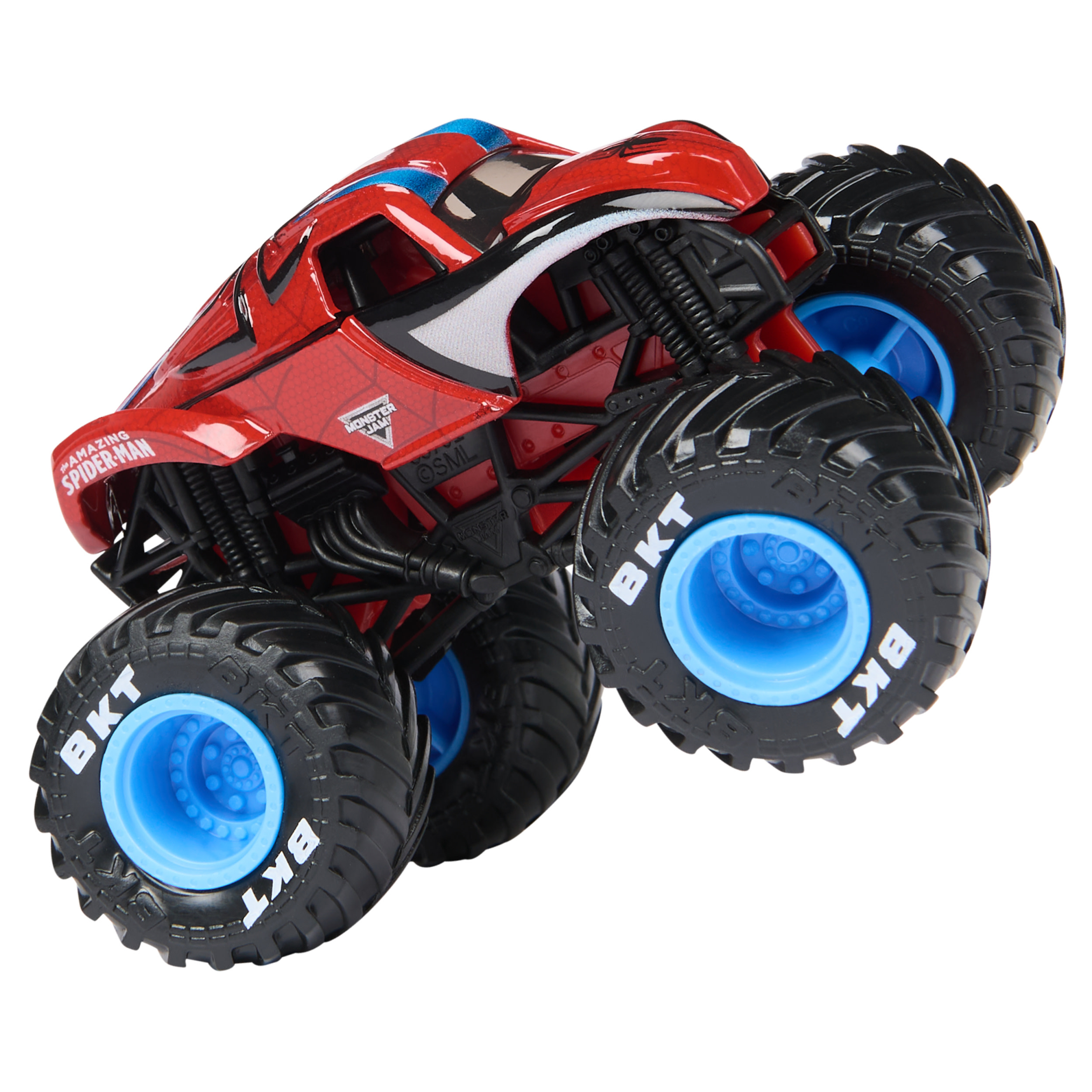 Czerwony monster truck Spider-Man z czarnymi oponami.