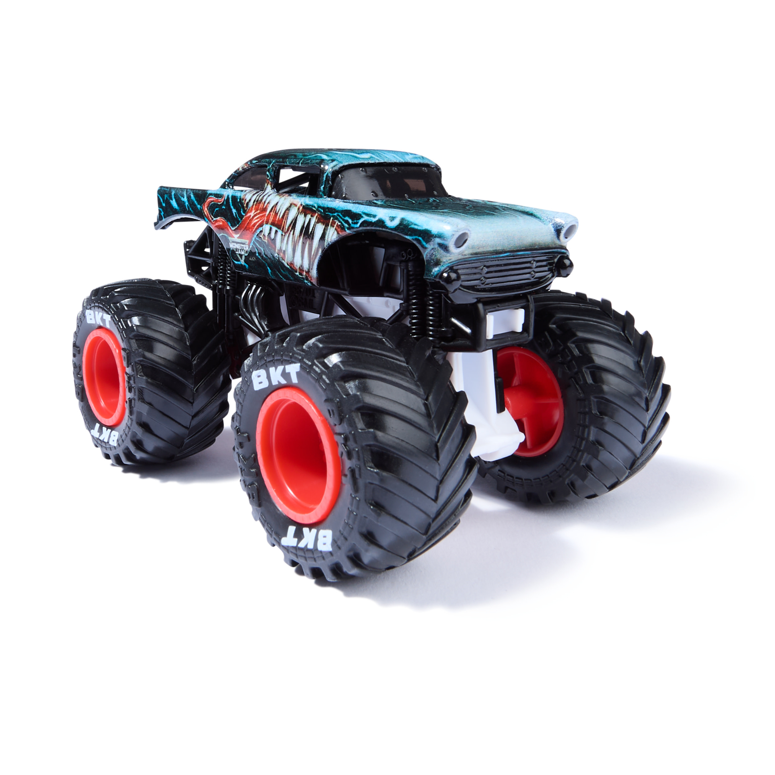 Zabawkowy monster truck z dużymi czarnymi oponami i niebiesko-czarnym nadwoziem z grafiką.