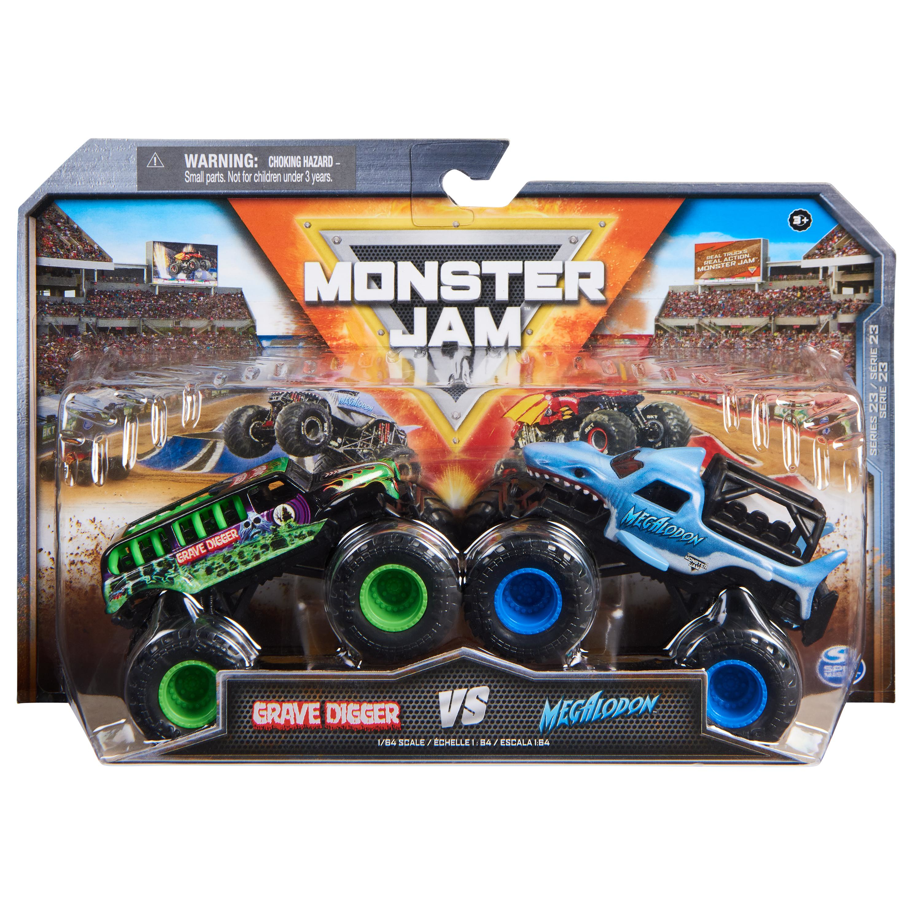 Zestaw zabawek Monster Jam z monster truckami Grave Digger kontra Megalodon.