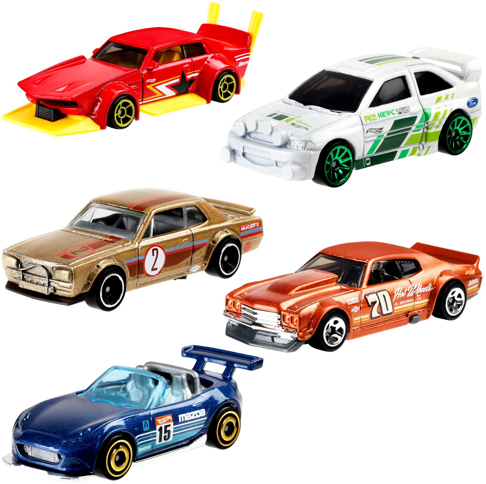 Cinco coches de juguete Hot Wheels: rojo, blanco, dorado, naranja y azul.