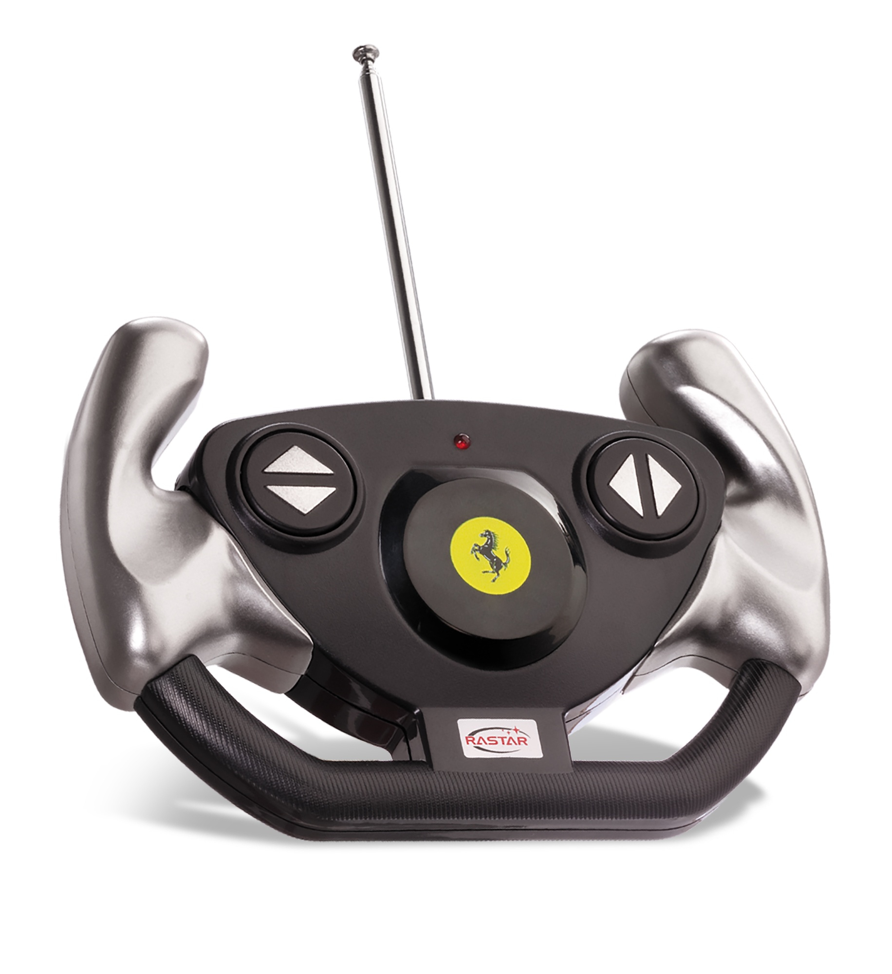 Czarna i srebrna kierownica z logo Ferrari.