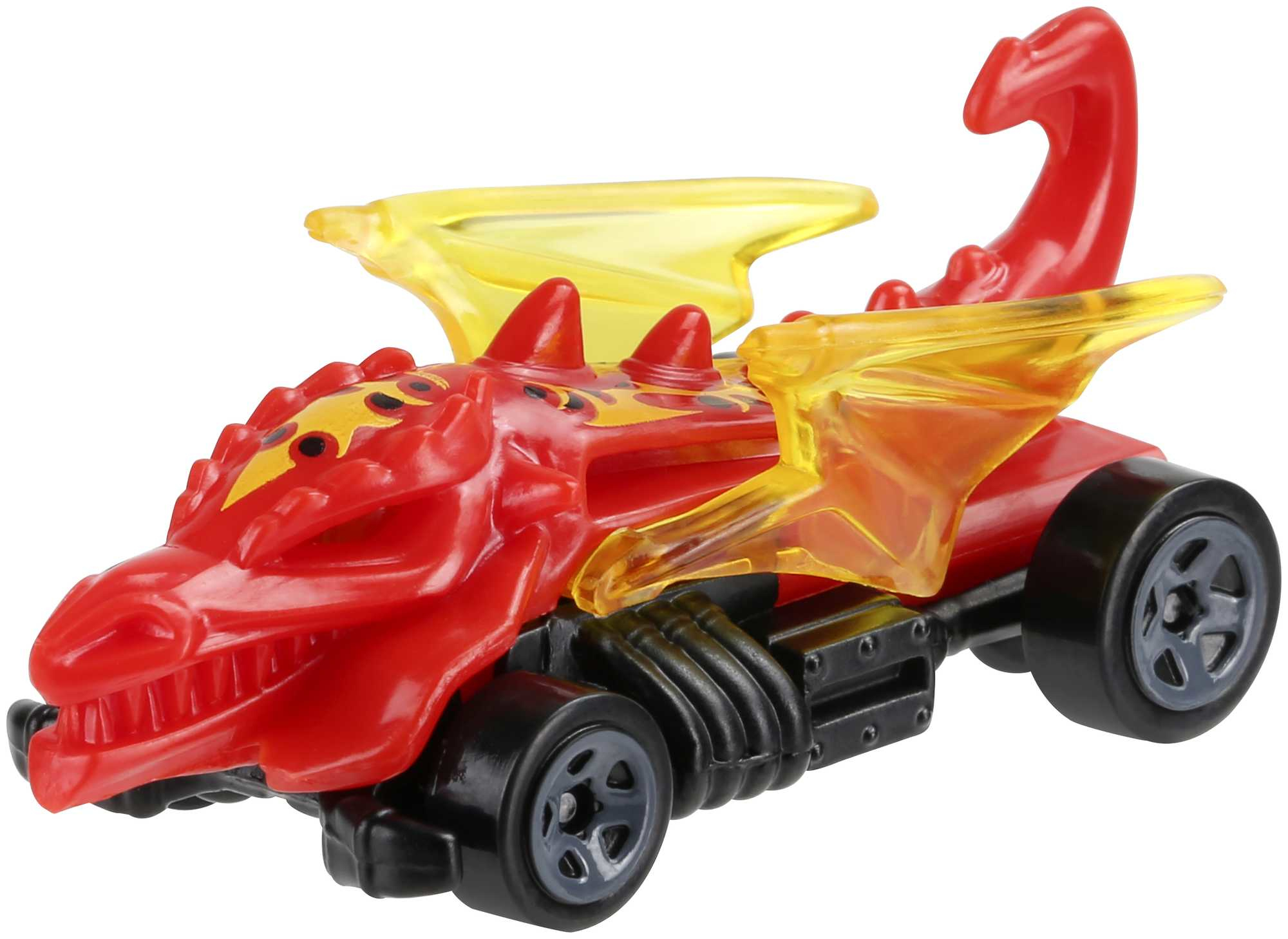 Coche de juguete rojo con forma de dragón, alas amarillas y ruedas negras.