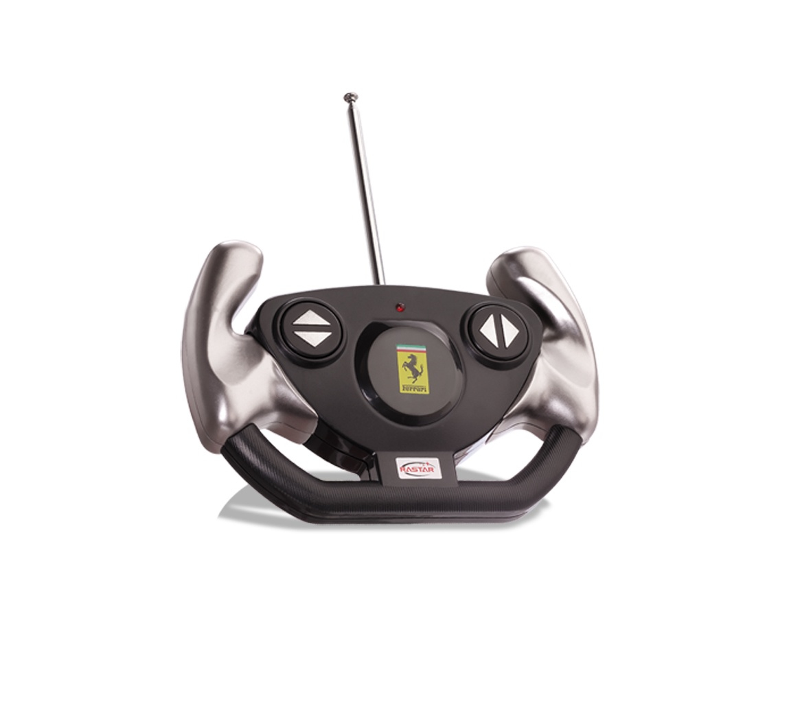 Srebrna i czarna kierownica z logo Ferrari i anteną.