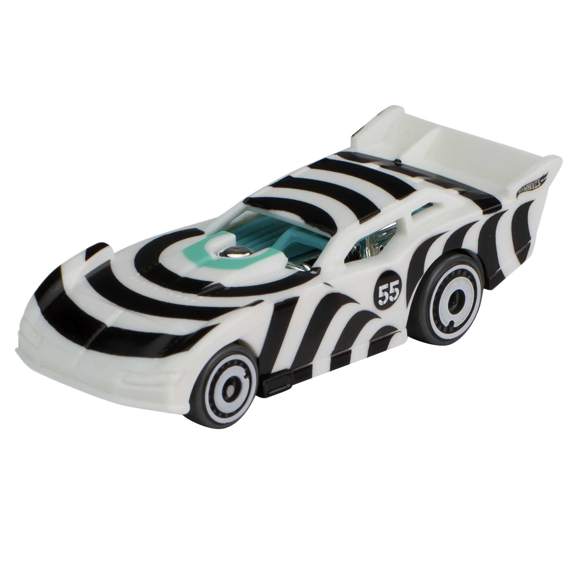 Coche de carreras de juguete blanco y negro con rayas de cebra, número 55.