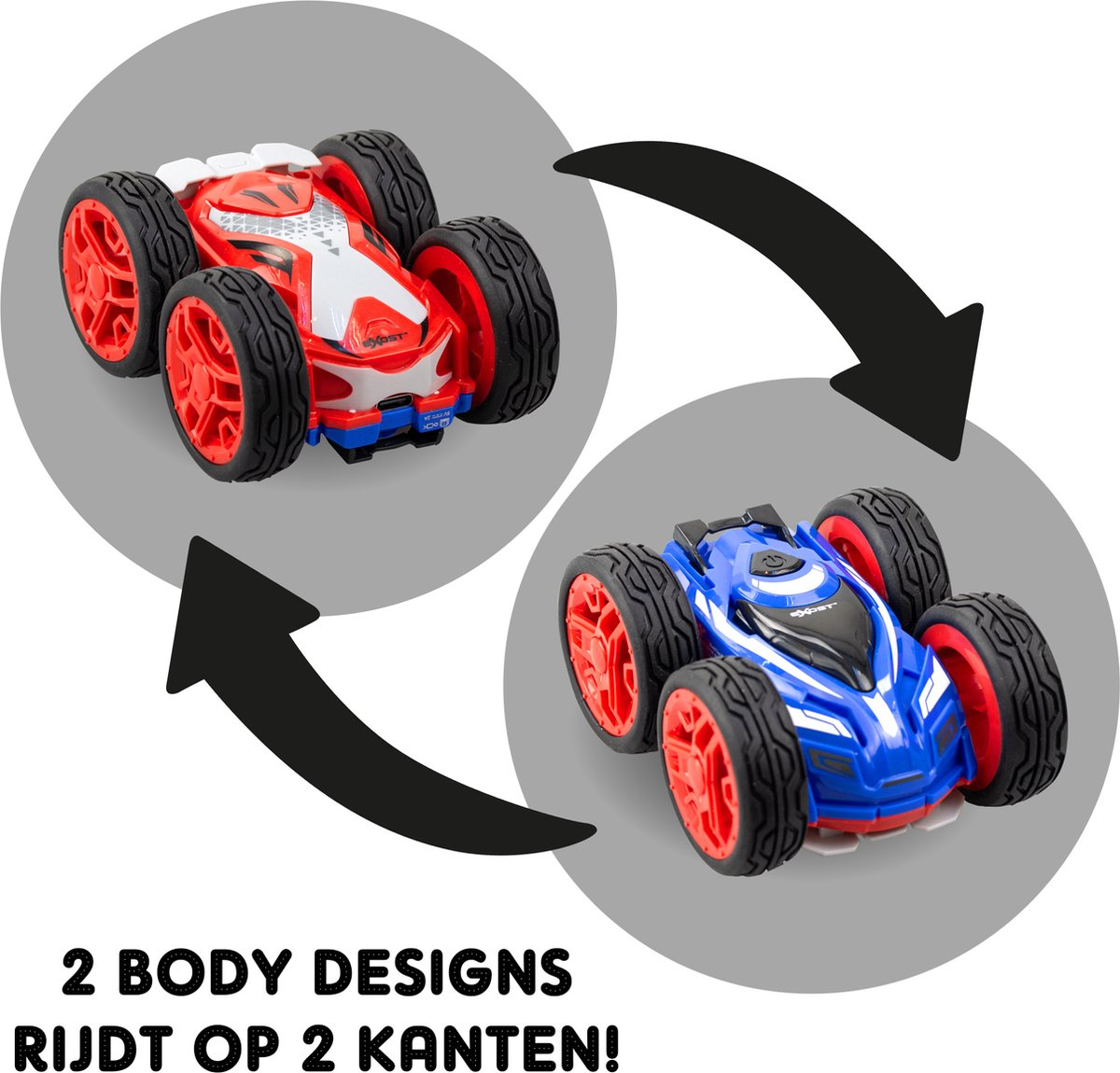 Dwa zabawki, czerwony i niebieski, ze strzałkami, tekst: 2 wzory nadwozia, jeździ po 2 stronach!