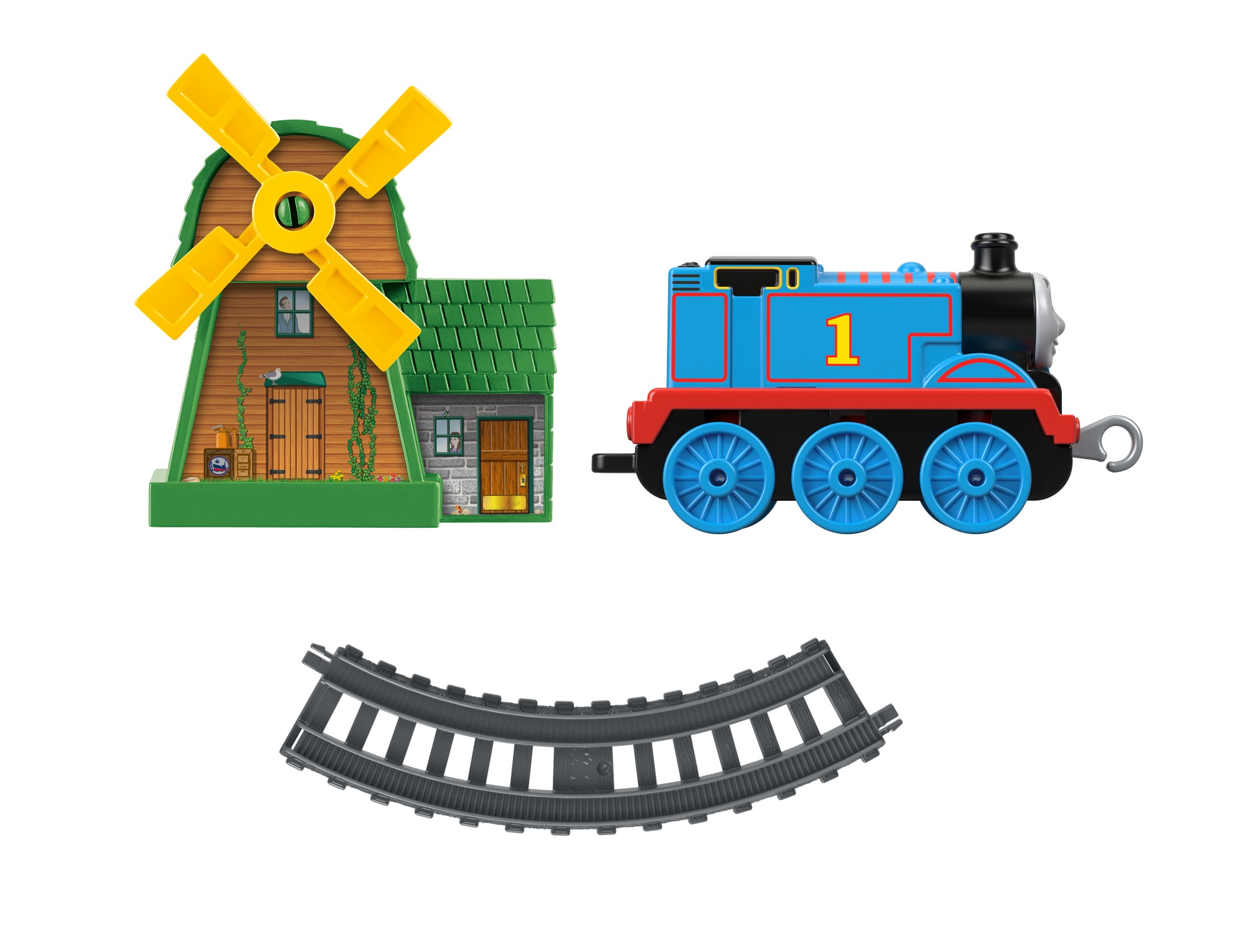 Spielzeugzug, Gleis und Windmühle. Der Zug ist blau mit rotem Streifen. Die Windmühle ist grün und braun.