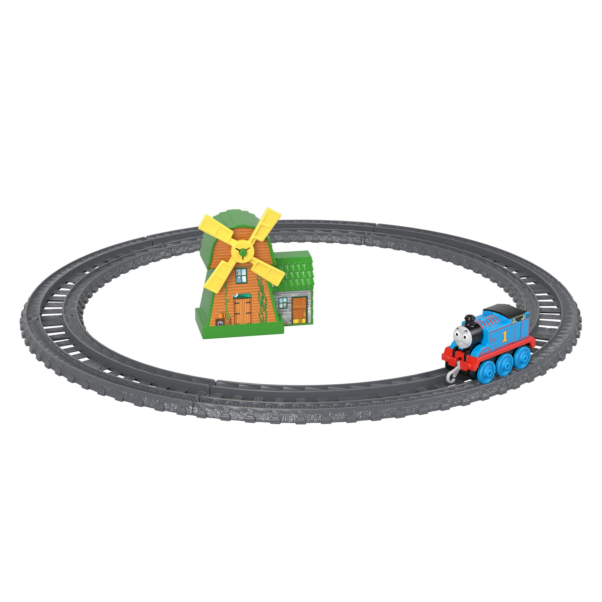 Thomas die Tank Engine Spielzeugeisenbahn mit einer Windmühle und Gleis.