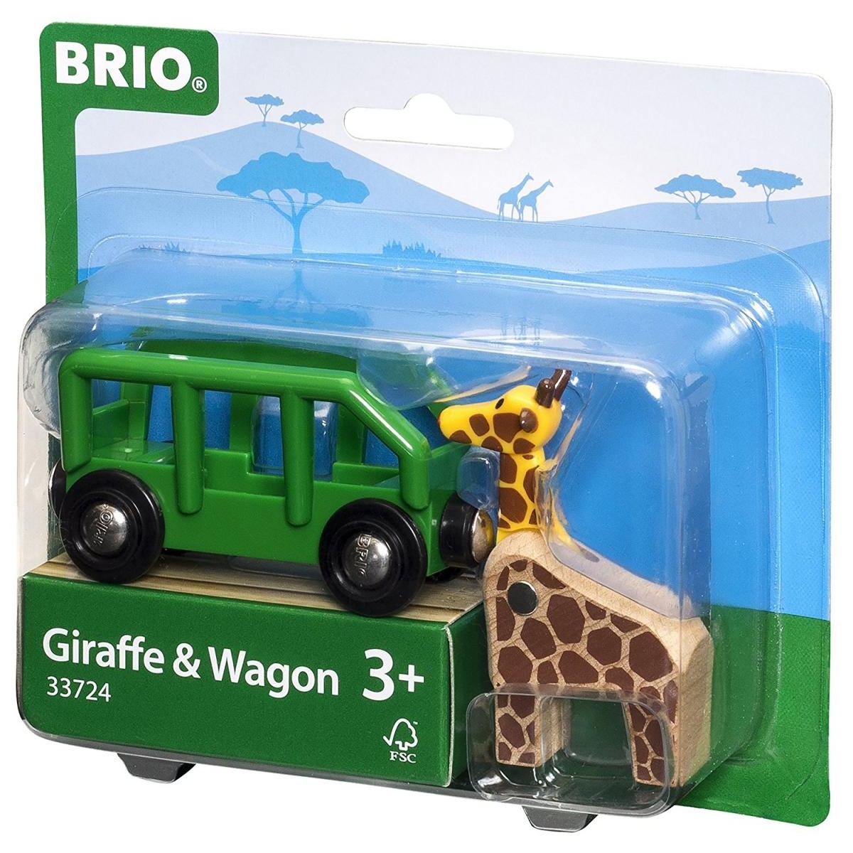Grüner Spielzeugwagen und Giraffenfigur in einer Plastikverpackung.