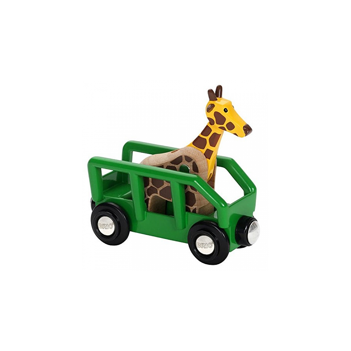 Ein Giraffen-Spielzeug in einem grünen Spielzeugfahrzeug. Die Giraffe ist gelb und braun, das Fahrzeug hat Räder.