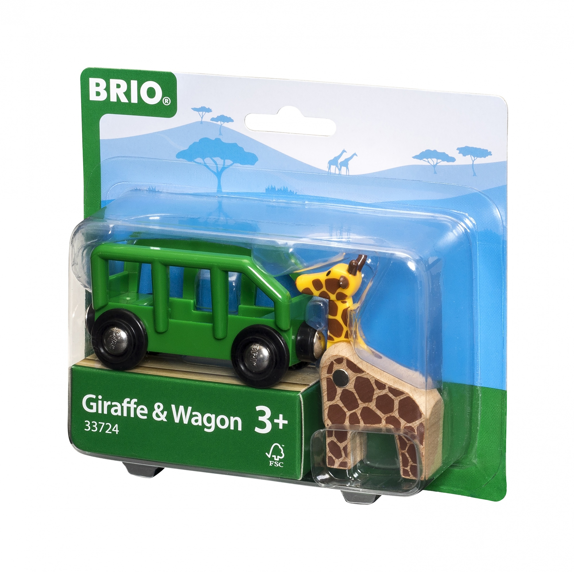 Brio Spielzeugset mit grünem Wagen und Giraffe in einer Plastikverpackung.
