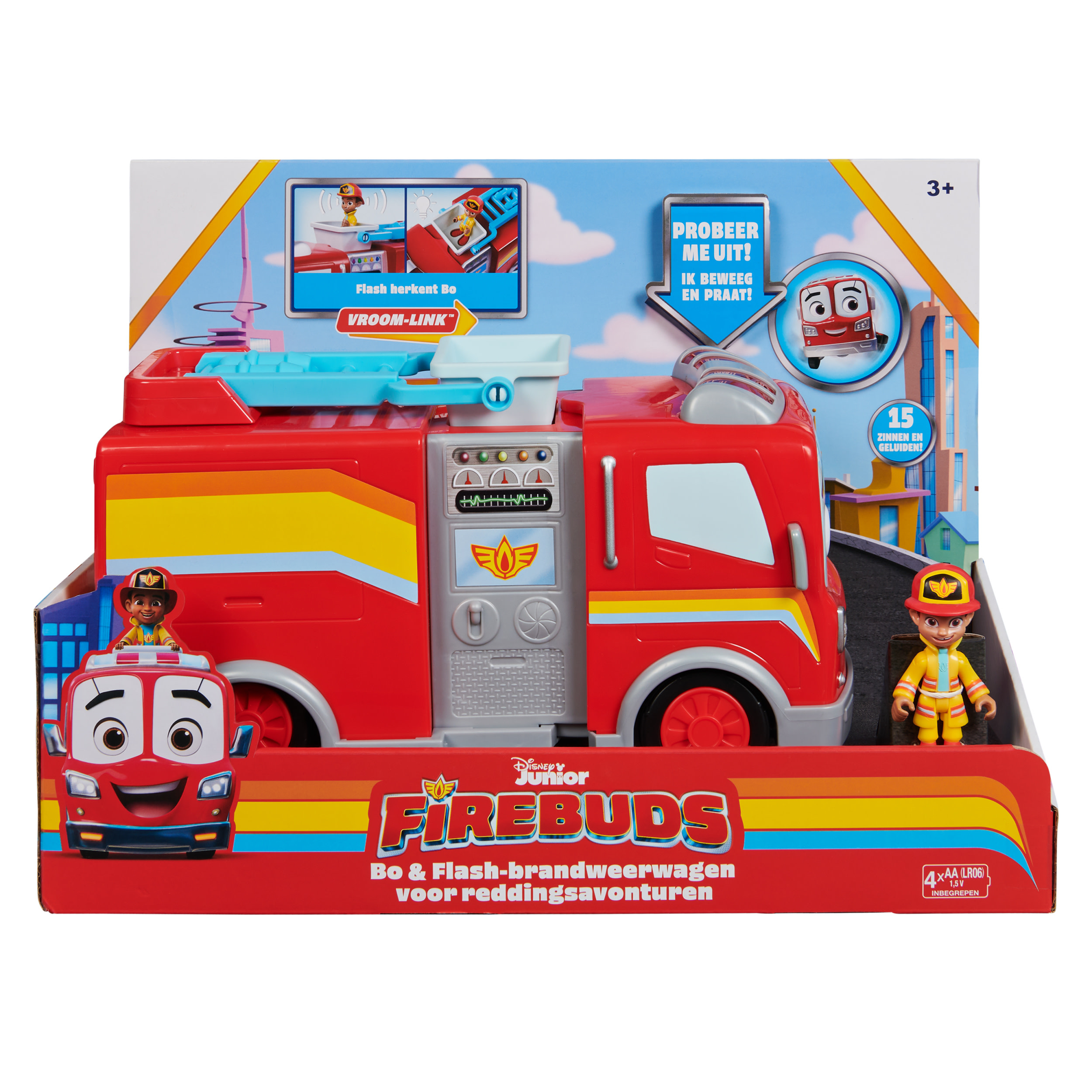 Scatola camion dei pompieri giocattolo: rosso, giallo, blu e bianco, con figura e auto.