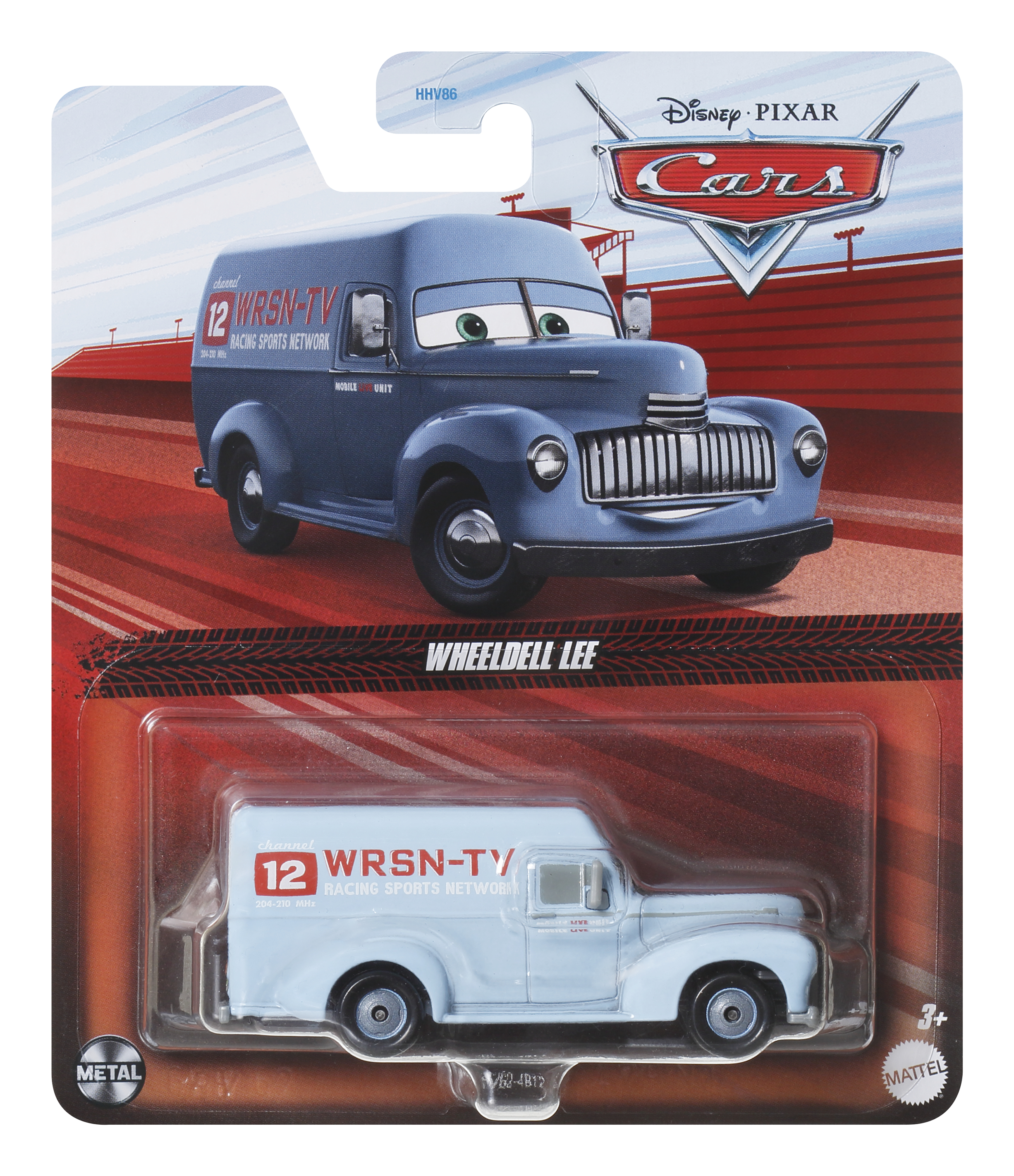 Spielzeugauto-Verpackung mit einem blauen 'WRSN-TV'-Truck. Die Verpackung trägt das Label 'Cars' mit Rennsport-Motiv.
