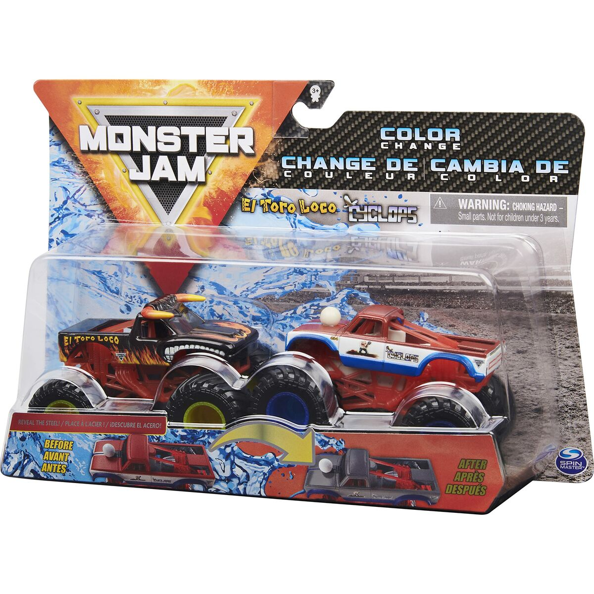 Camión de juguete Monster Jam en embalaje. Presenta dos camiones, uno El Toro Loco y otro rojo.