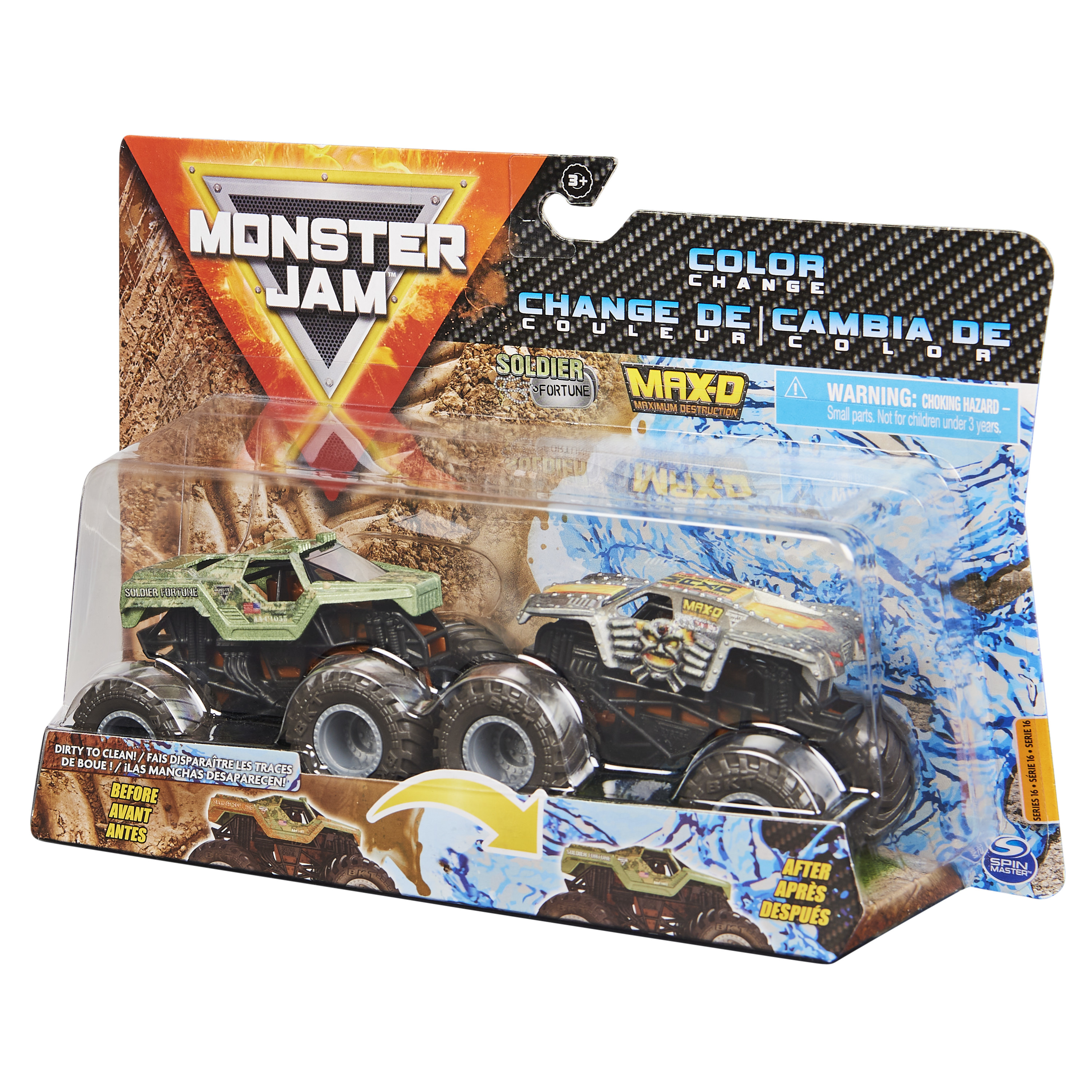 Embalaje del camión de juguete Monster Jam. Muestra dos camiones: Soldier Fortune y Max D.