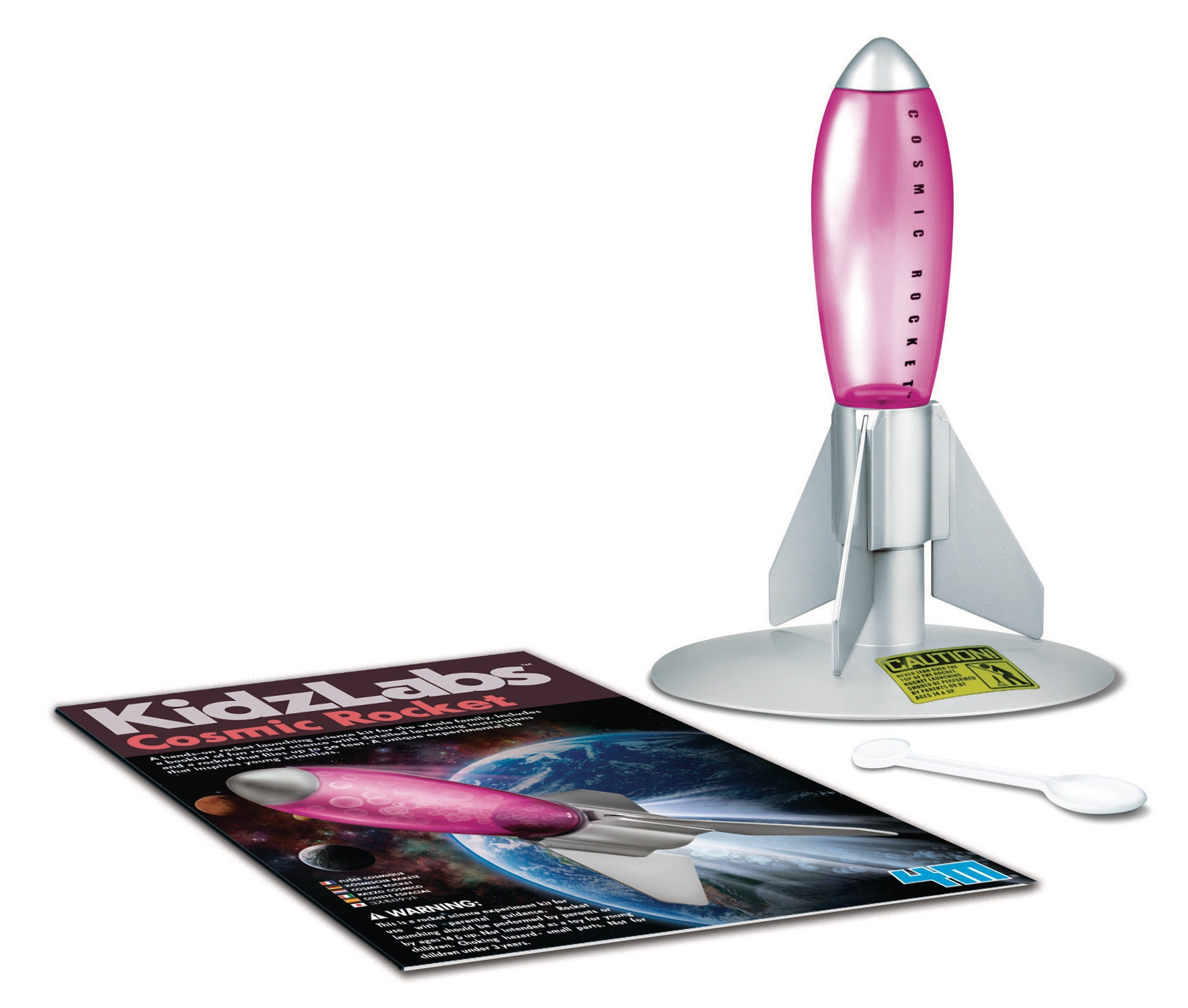 Zabawkowa rakieta z różowym wierzchem i stojakiem, z broszurą i łyżką.