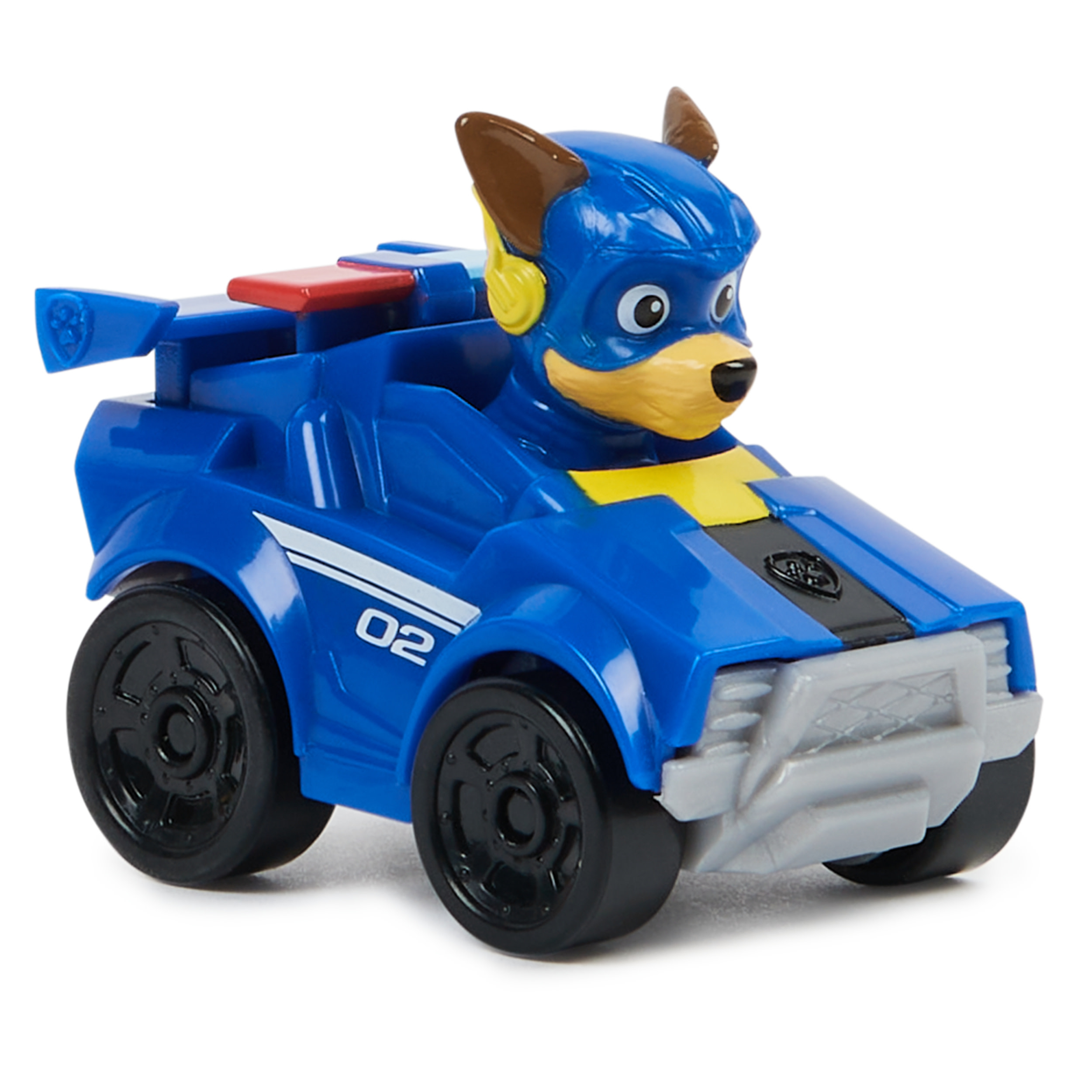 Coche de juguete azul de Paw Patrol Chase con el número 02, un personaje de dibujos animados.