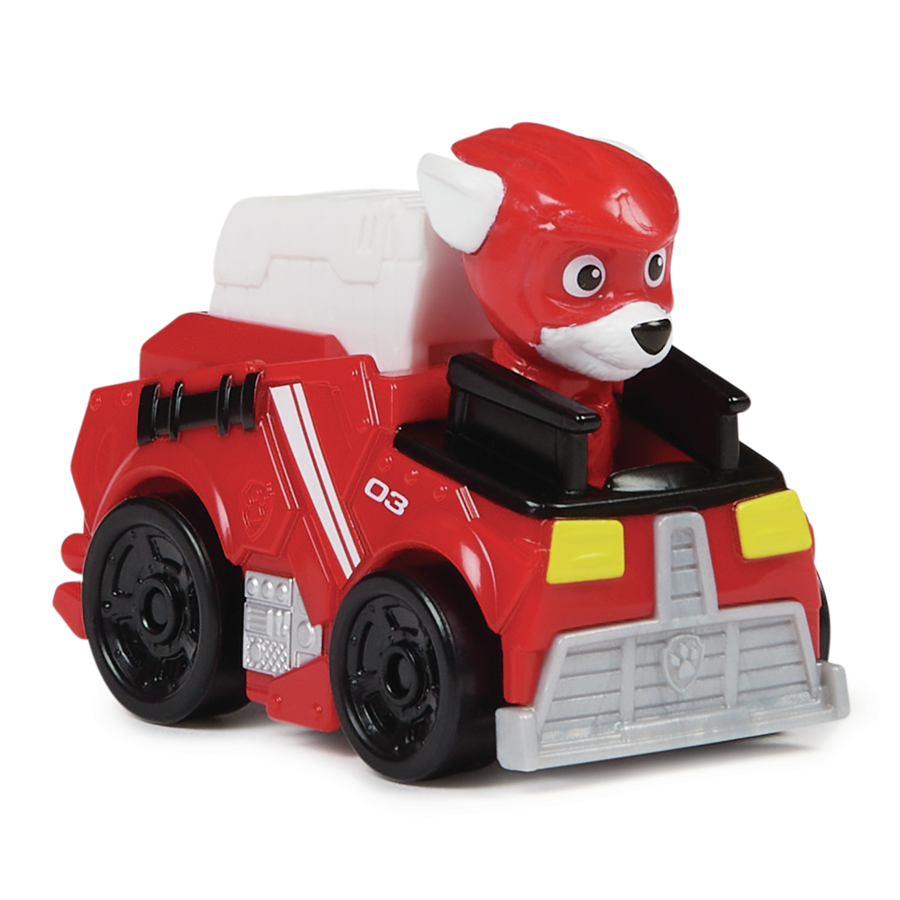 Coche de juguete rojo y blanco de Paw Patrol Marshall, un personaje de dibujos animados en el asiento del conductor.
