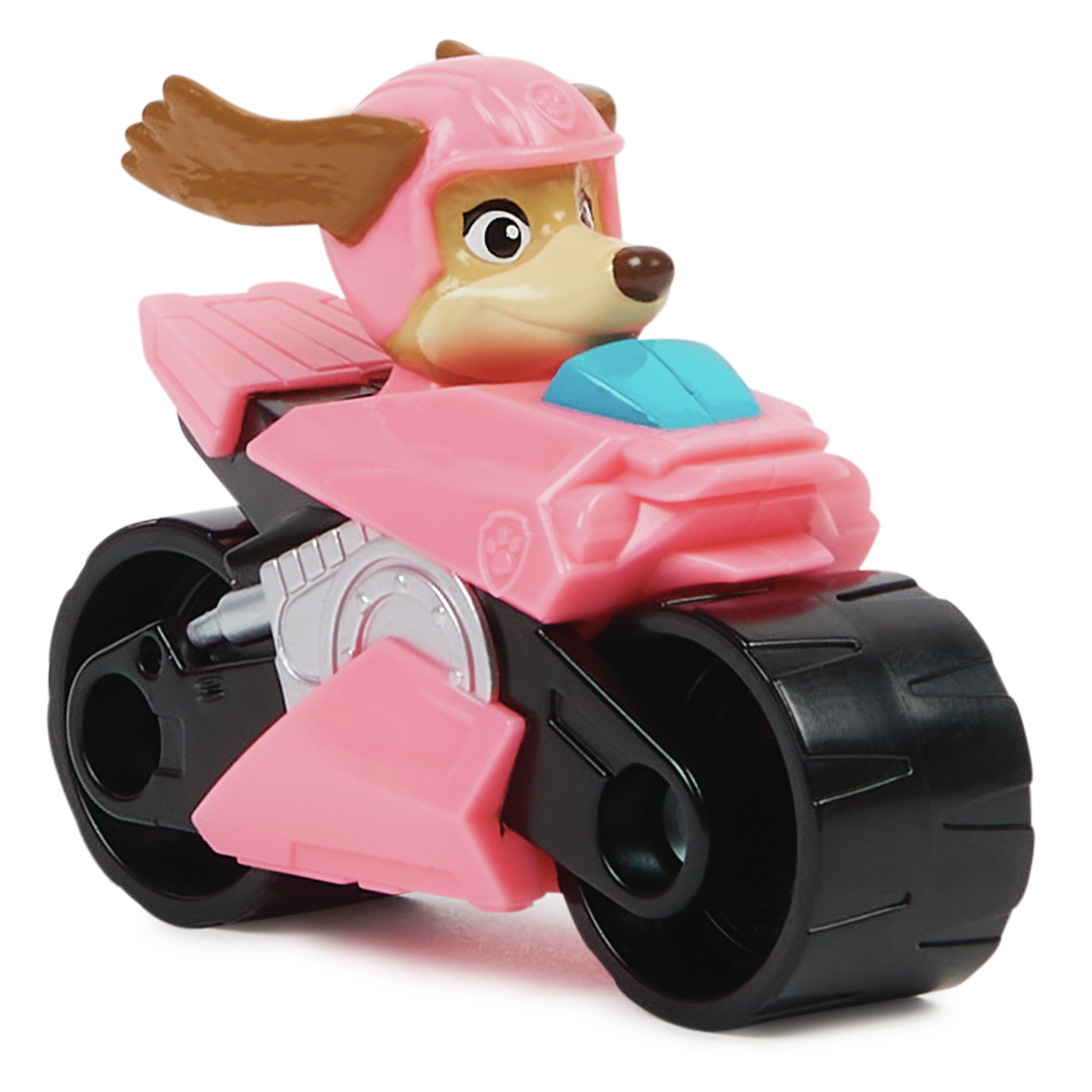 Jouet rose Skye sur une moto. Oreilles marron, casque rose et pare-brise bleu. Pneus noirs sur fond blanc.