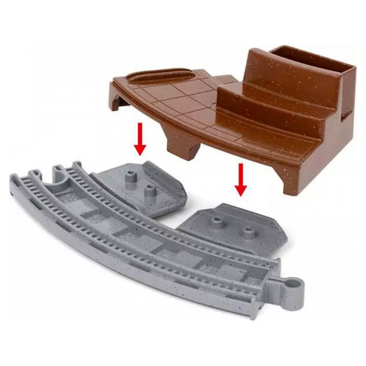 Brązowe i szare elementy torów kolejowych, w tym zakrzywiony tor i brązowa platforma załadunkowa.