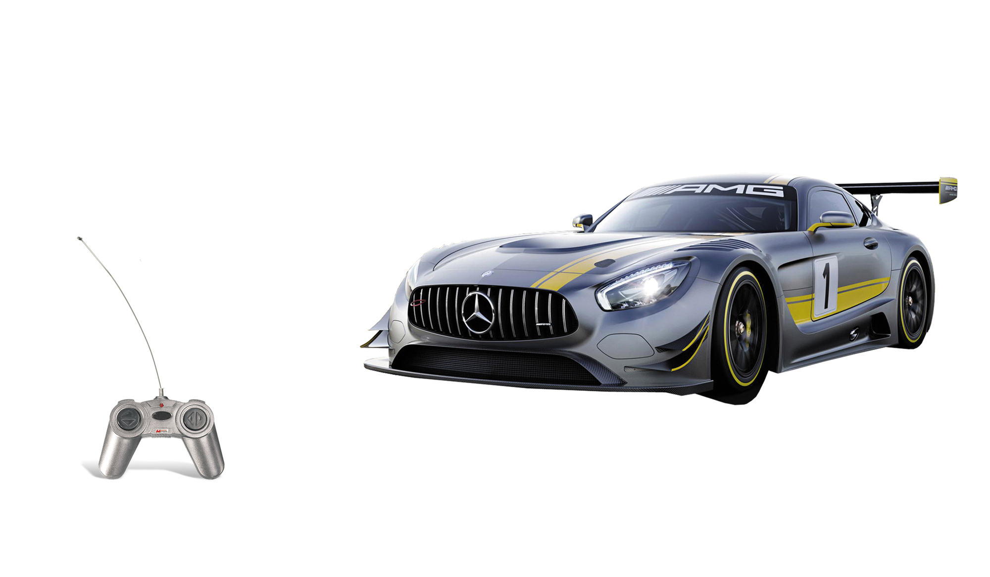 Srebrna zabawka samochodu wyścigowego Mercedes AMG GT z pilotem na białym tle.