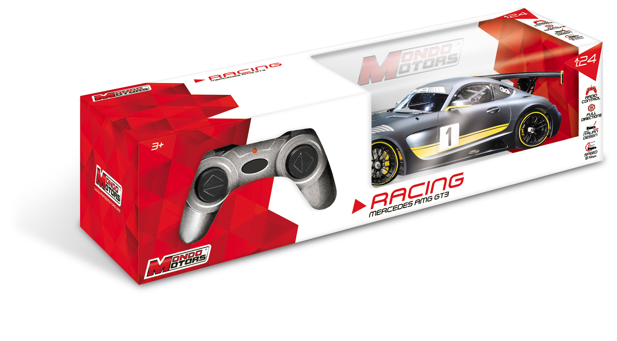 Zabawkowy samochód w pudełku, pudełko jest czerwono-białe. Samochód jest srebrny i ma sportowy design.