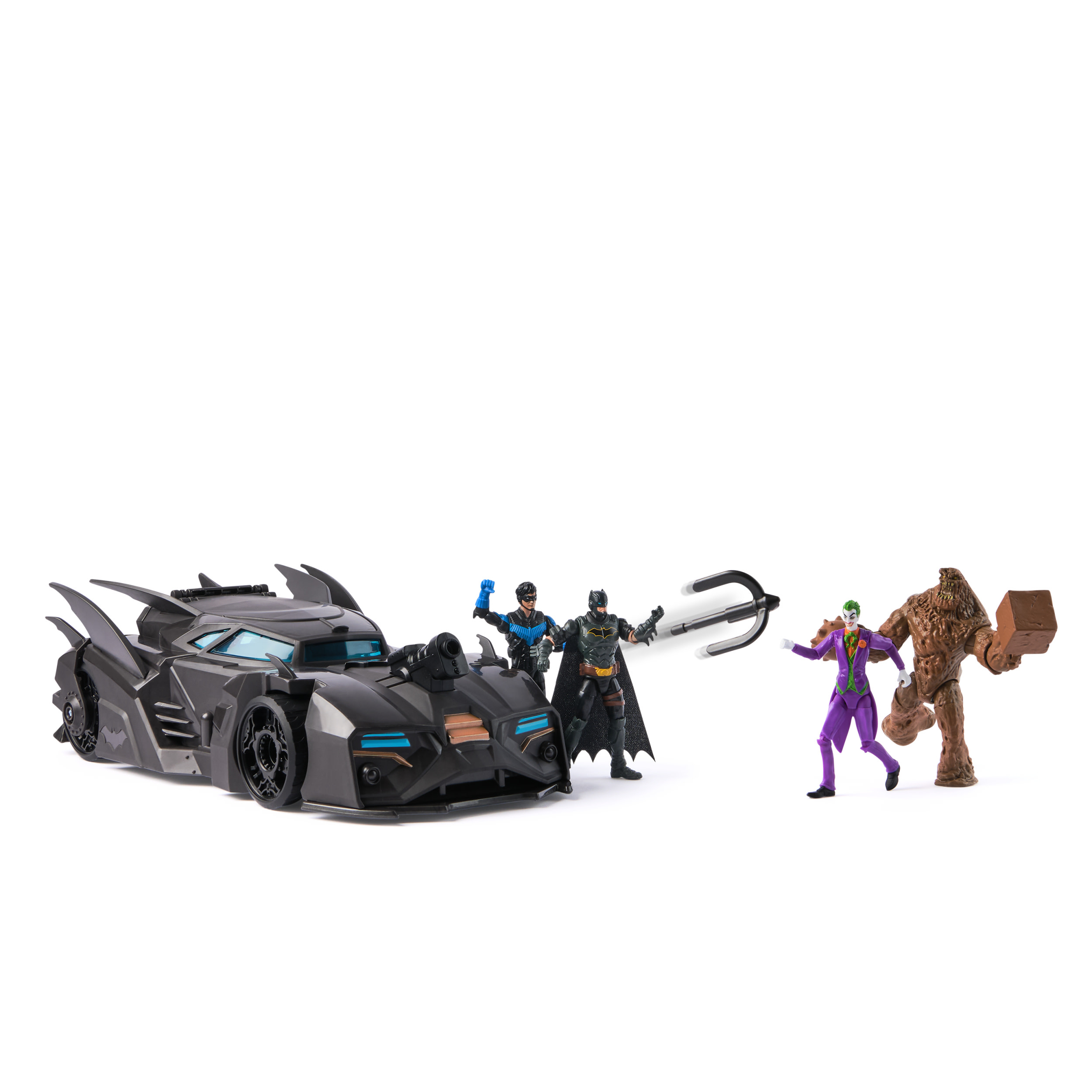 Figurki Batmana, Nightwinga, Jokera i Clayface'a z zabawką Batmobile w tle.