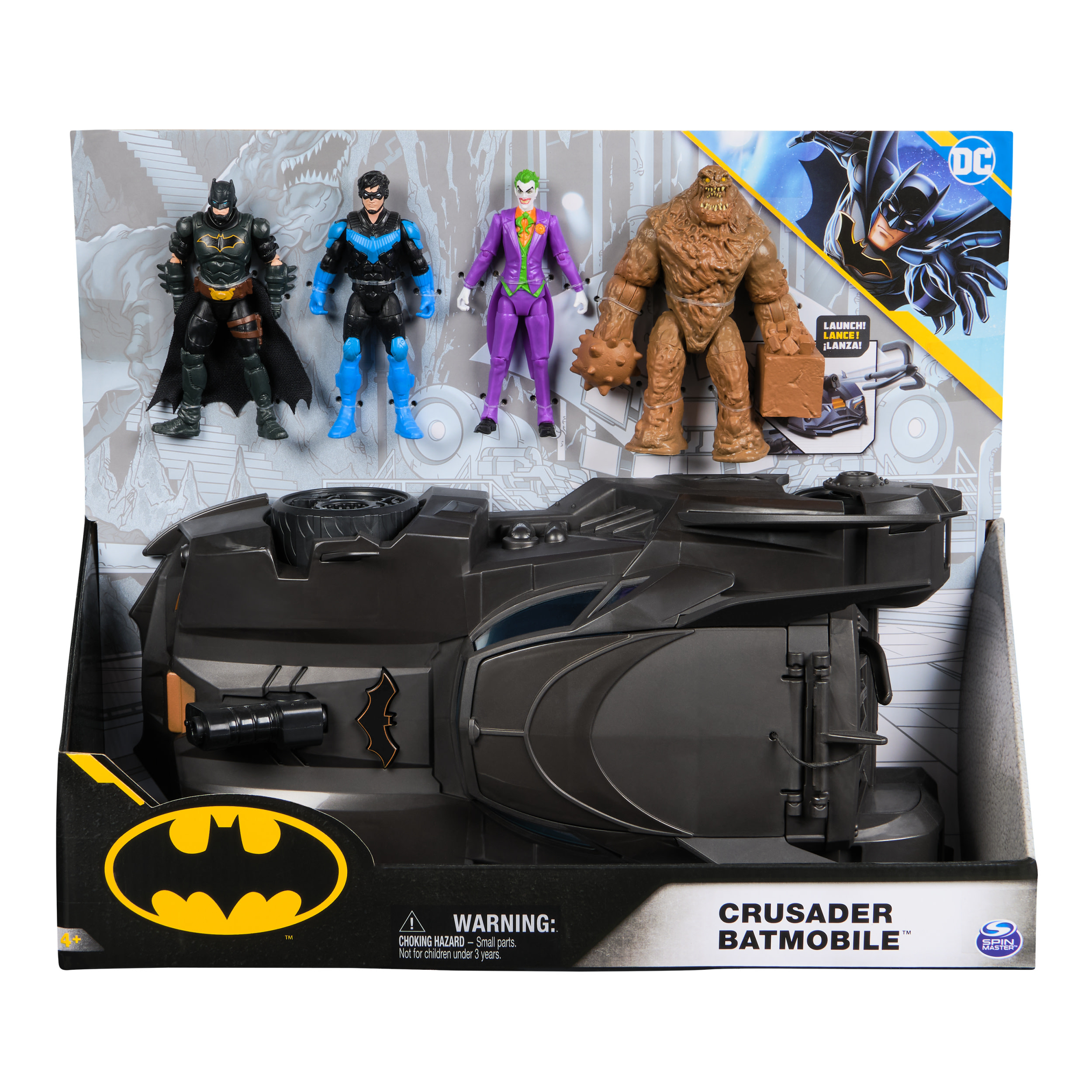 Zestaw zabawek Batman. Zawiera figurki Batmana, Nightwinga, Jokera i Clayface'a. Dodatkowo, zabawkowy pojazd Batmobil.