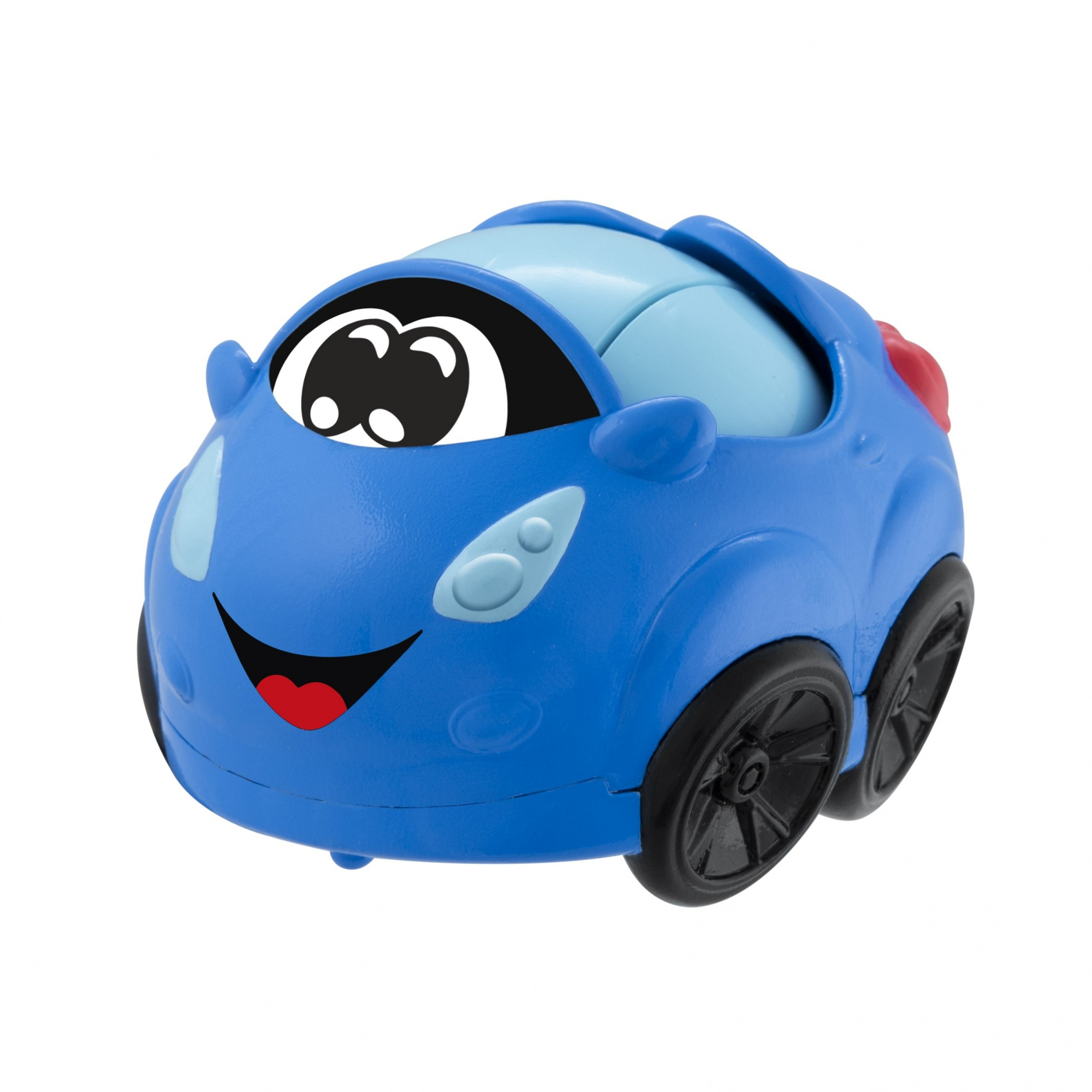 Un coche de juguete con una cara sonriente. Es azul con ruedas negras y detalles rojos.