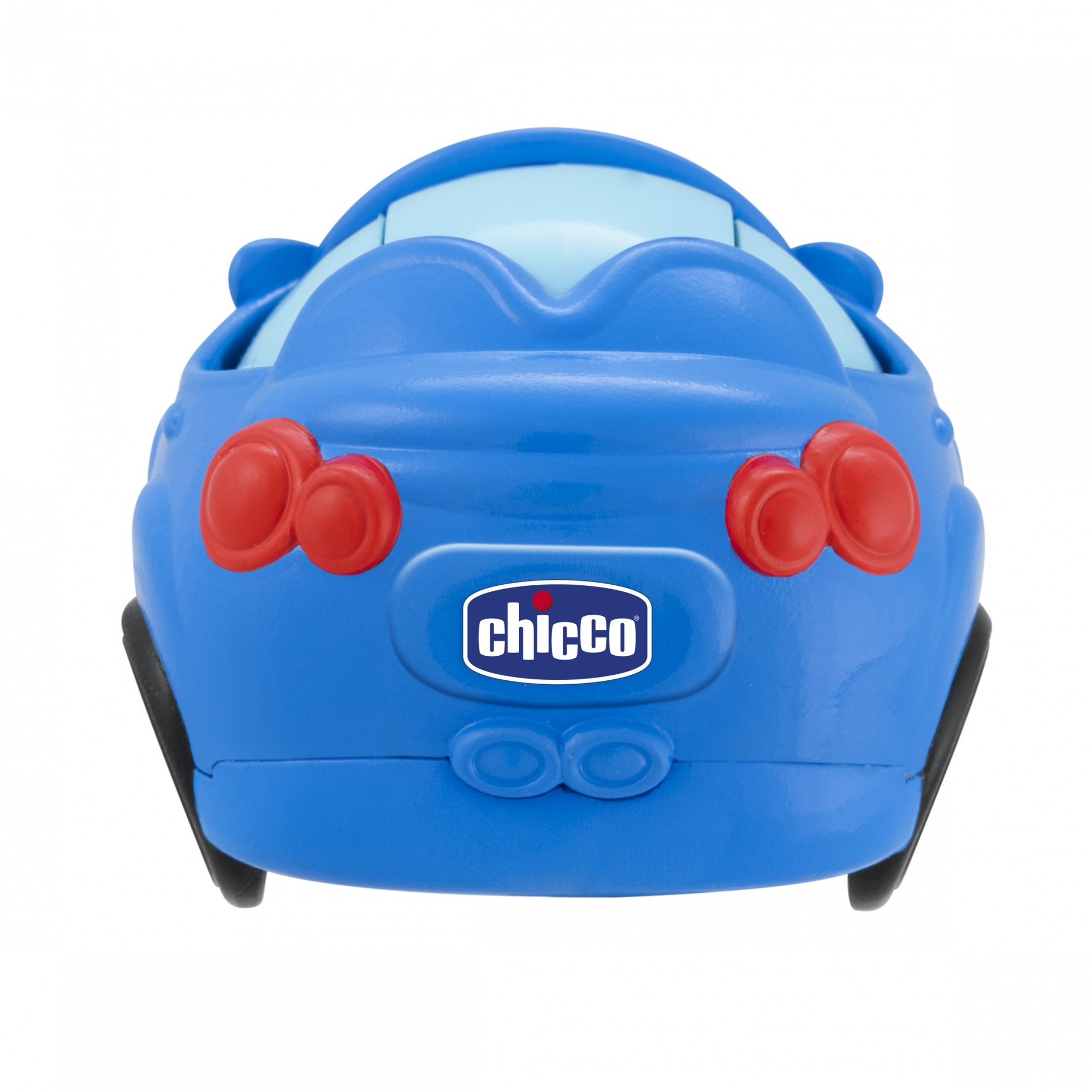 Un coche de juguete azul con luces rojas y el logo de Chicco en la parte trasera.