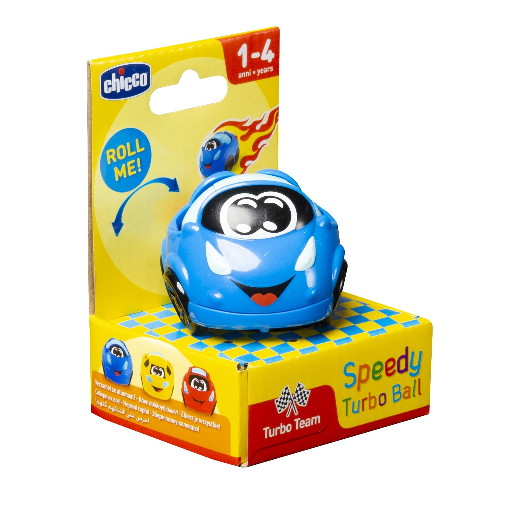 Un coche de juguete azul en una caja. La caja tiene el texto 'Roll Me!' y 'Speedy Turbo Ball' y un logo.