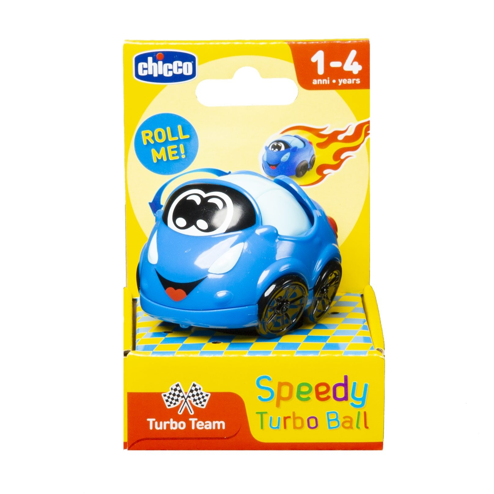 Un coche de juguete azul en una caja. La caja tiene el texto 'Roll Me!' y 'Speedy Turbo Ball'.