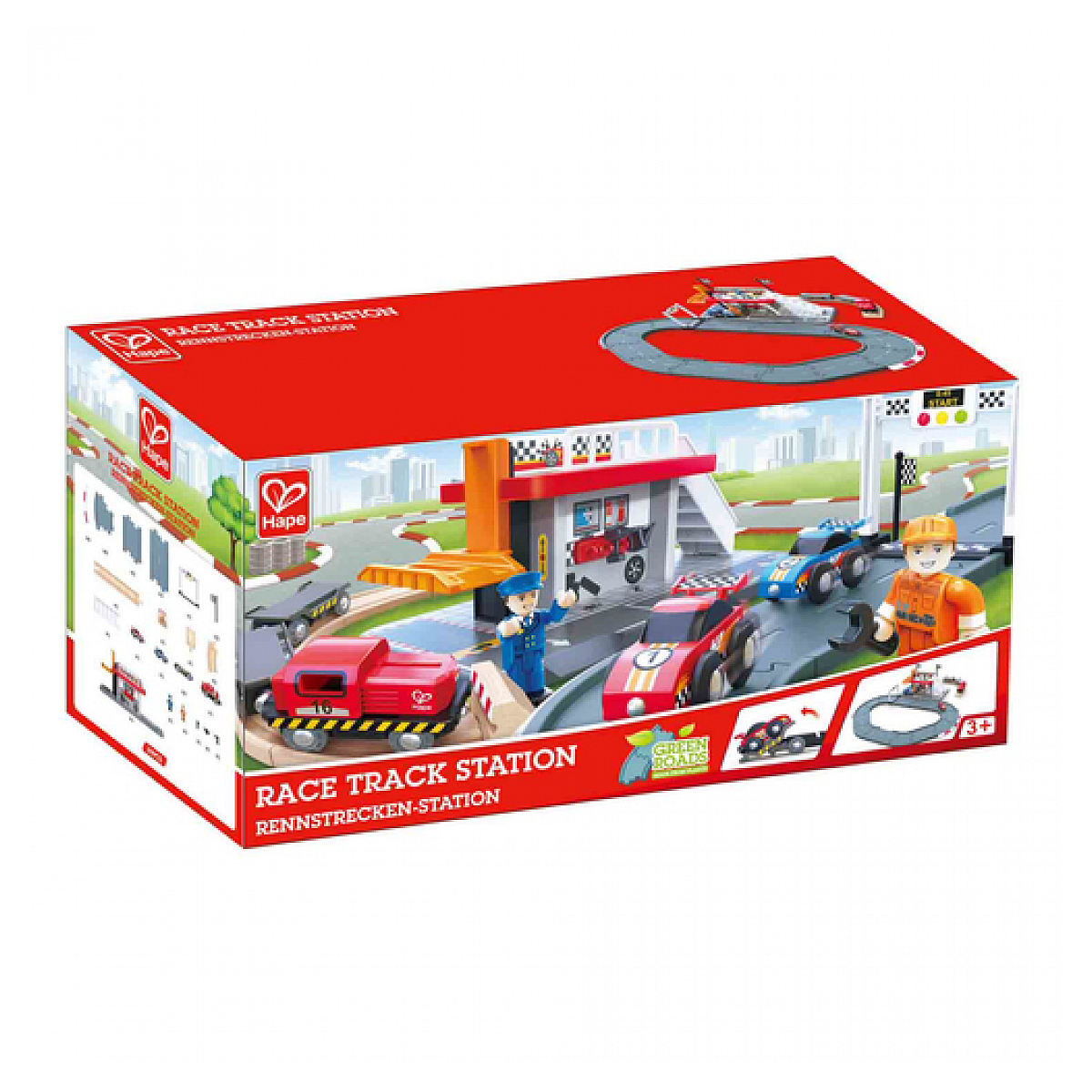 Pudełko pokazujące zestaw stacji toru wyścigowego z zabawkami, figurkami i układem toru. Czerwone tło.